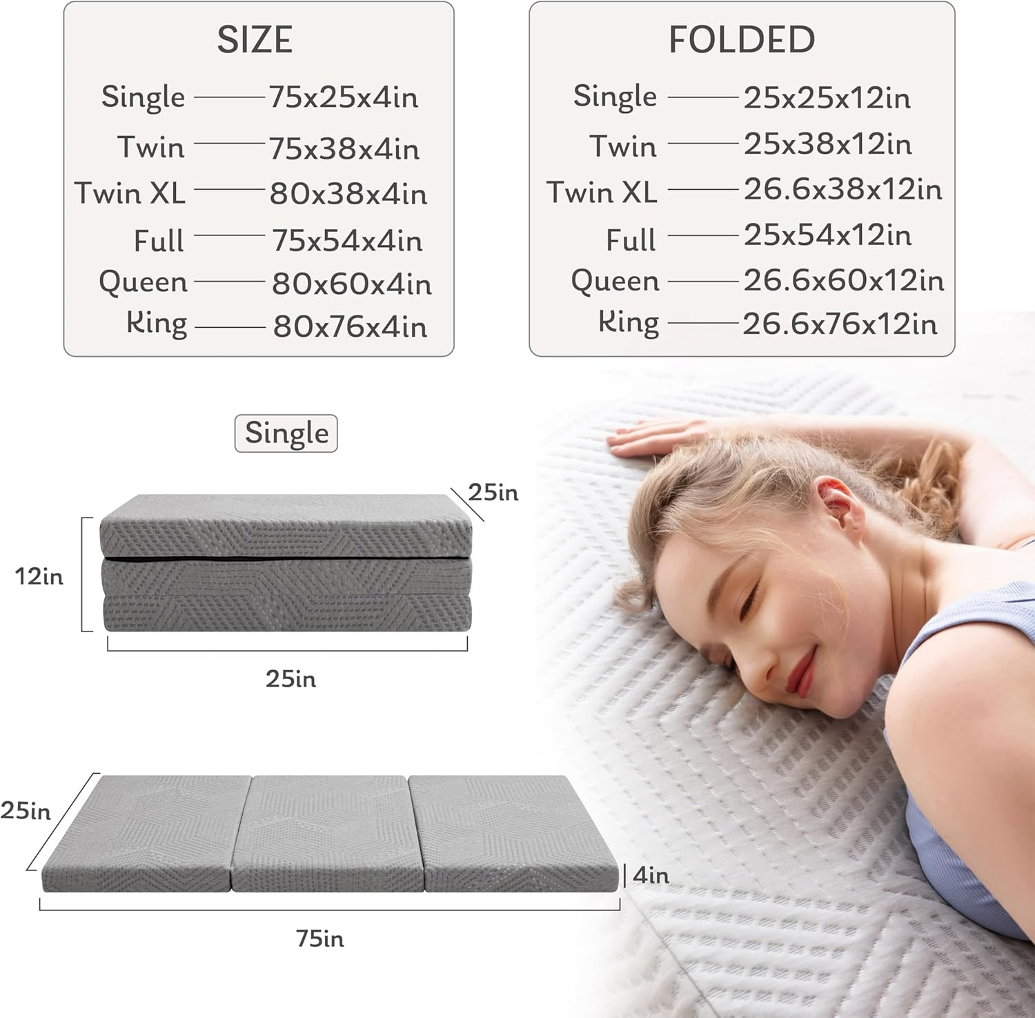 Tri-Fold Memory Foam Mattress, 4 Inch Twin XL Folding Mattress with Collapsible
