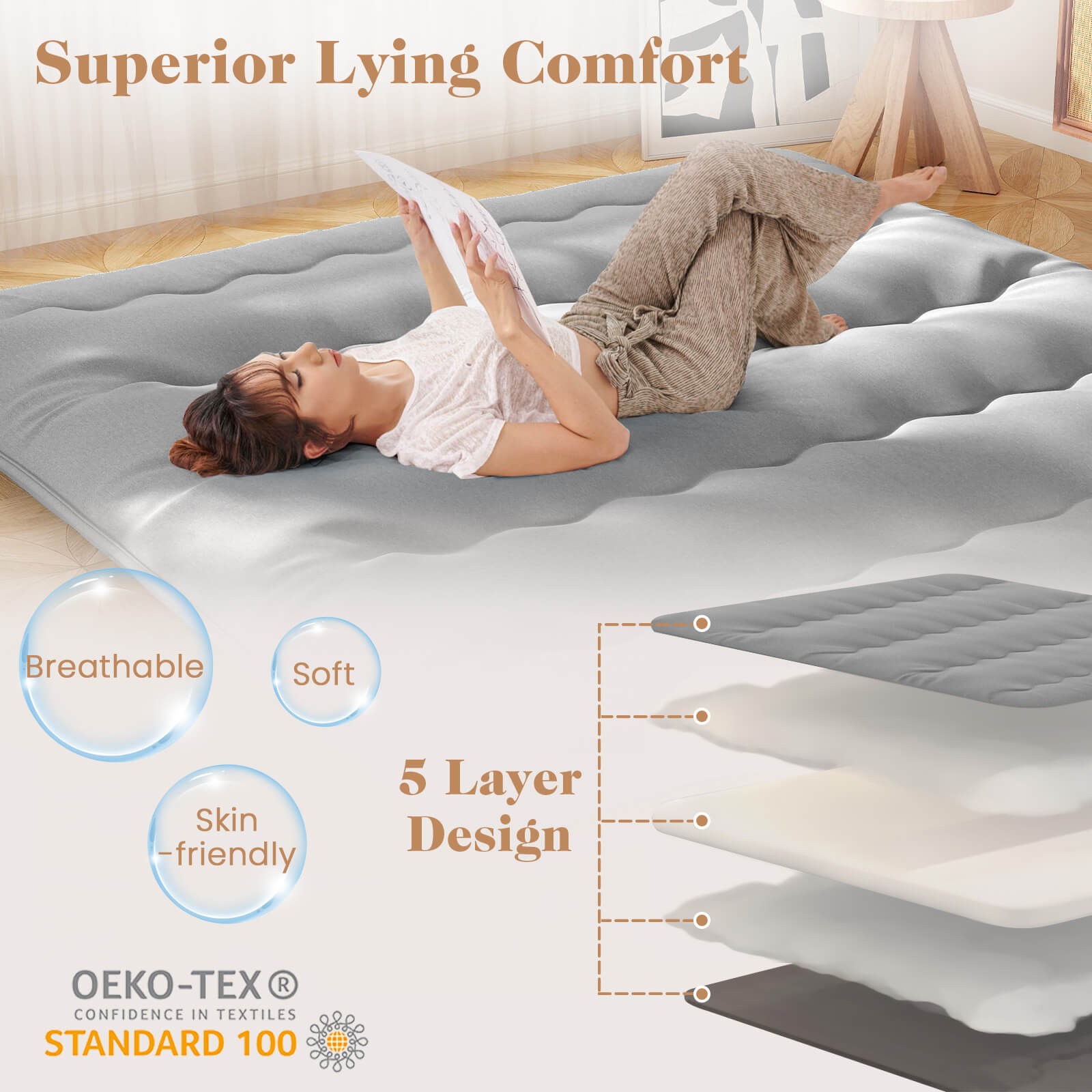 King Futon Mattress Japanese Floor Pad Washable Cover Carry Bag Gray