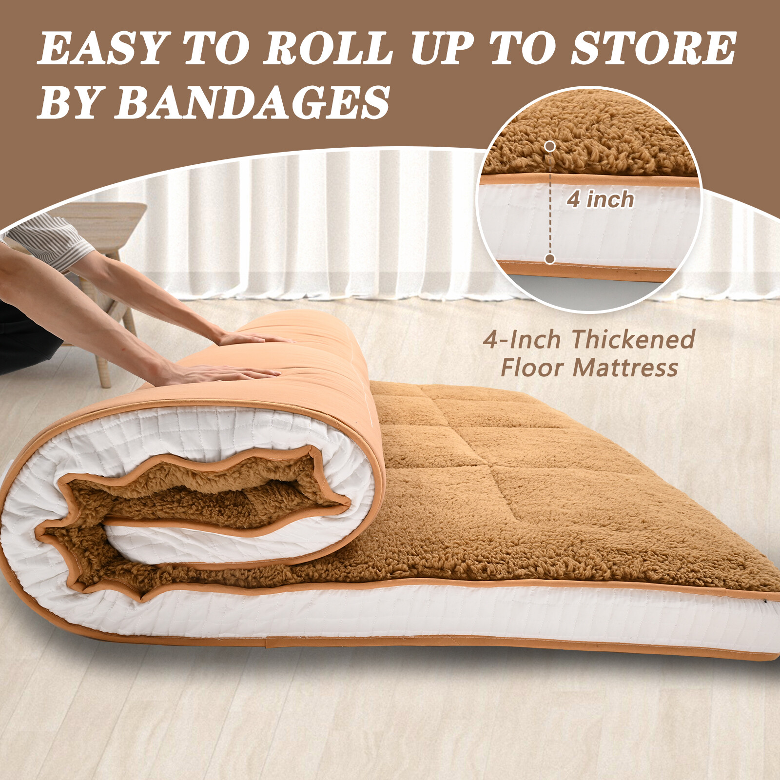 SUNYRISY Japanese Mattress Topper Quilted Fitted Mattress Sherpa Fleece Cushion