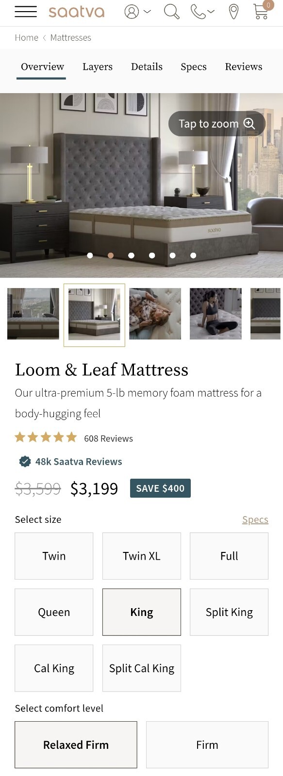 Saatva Loom&Leaf Cal-KING Size RELAXED-FIRM