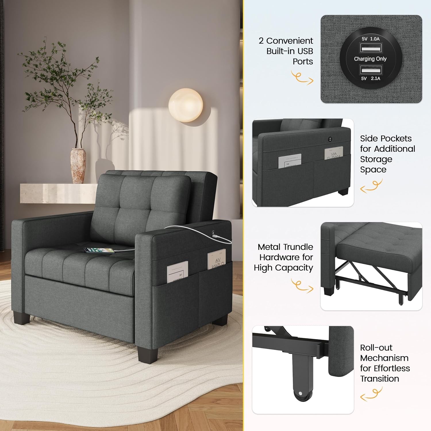 Sleeper Chair Convertible Chair Bed Fabric Futon Sofa Bed 3-in-1