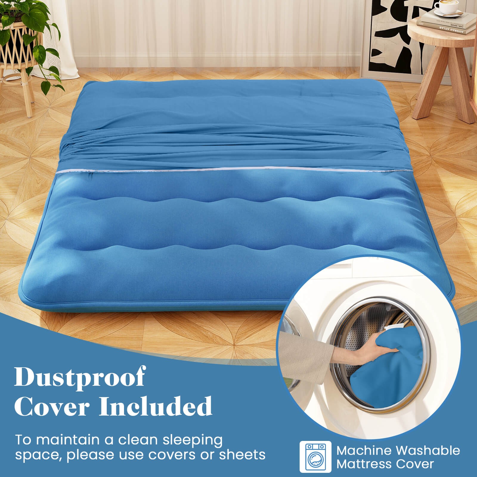 Queen Futon Mattress Japanese Floor Sleeping Pad Washable Cover Carry Bag Blue