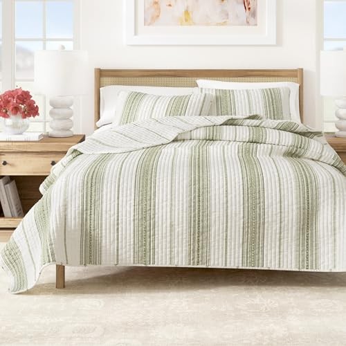 Striped Quilt Set – 3-Piece Full/Queen Size Full / Queen Cream/Green