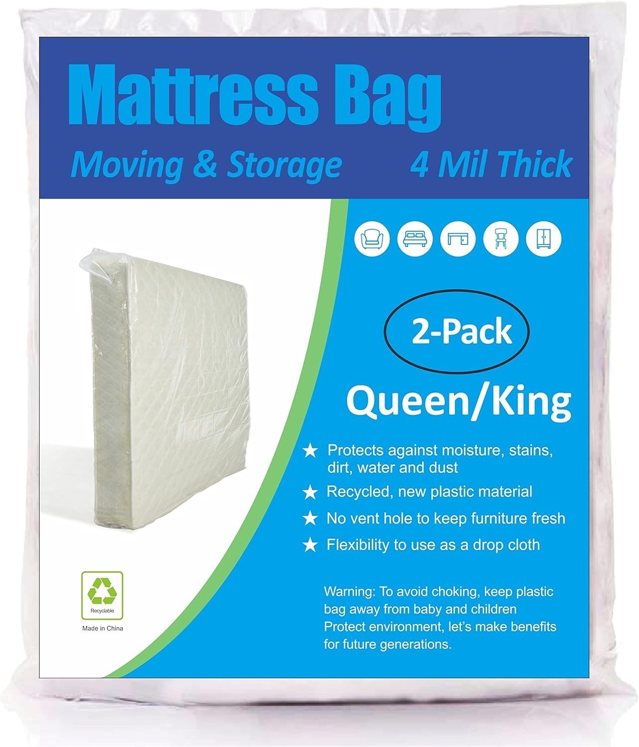 4 Mil Extra Thick Mattress Bags for Moving & Storage – Queen/King Size (2 Pack)