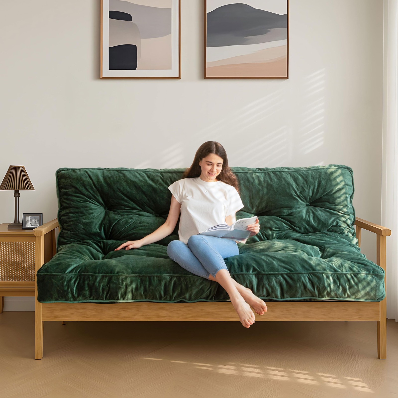 MAXYOYO 6″ Futon Mattress Full Size, Velvet Thick Futons Sofa Couch, Green