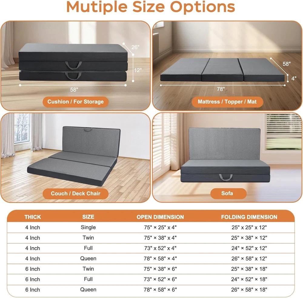 Portable Tri-Fold Memory Foam Mattress – 4″ Single Size for Travel & Camping