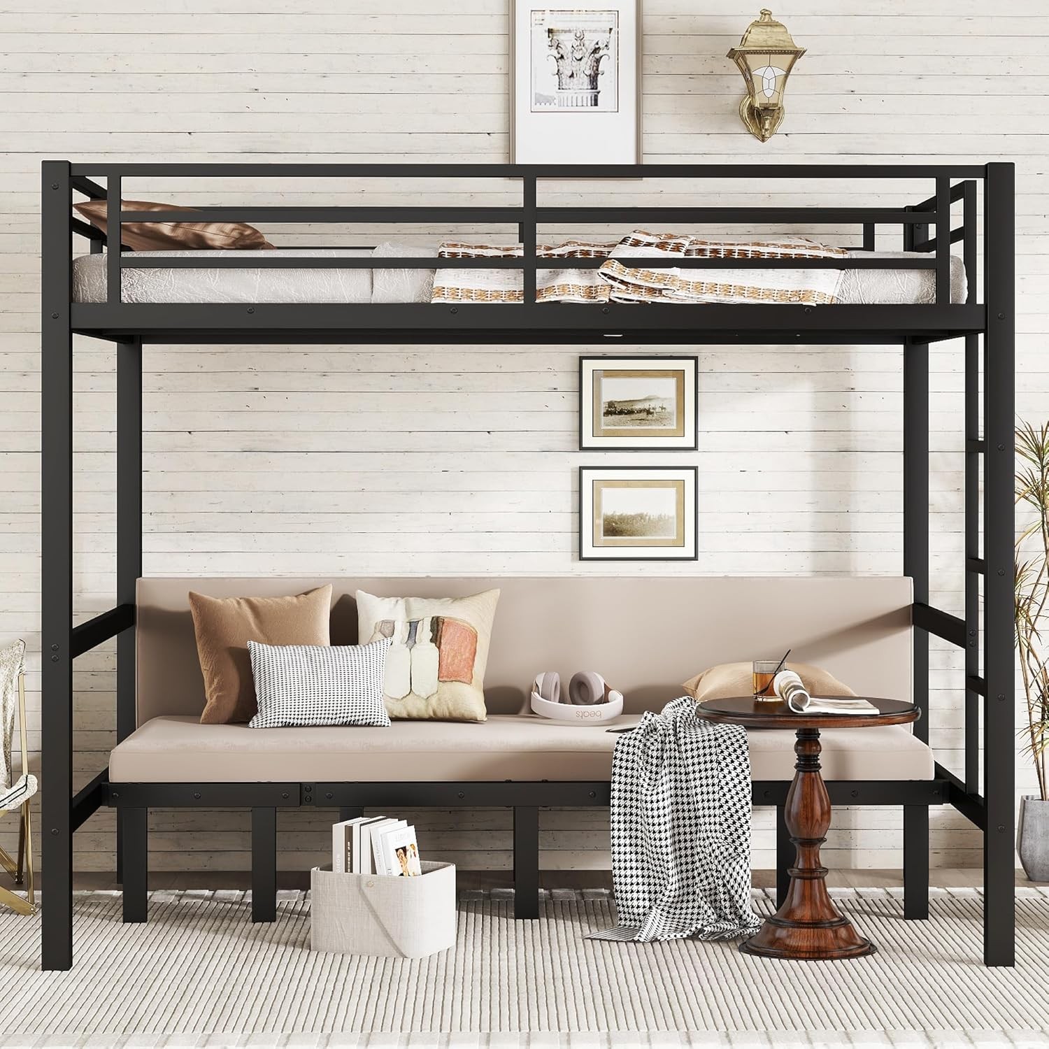 Queen Over Queen Size Futon Bunk Bed, Heavy Duty Loft Bed with Sofa, Lower