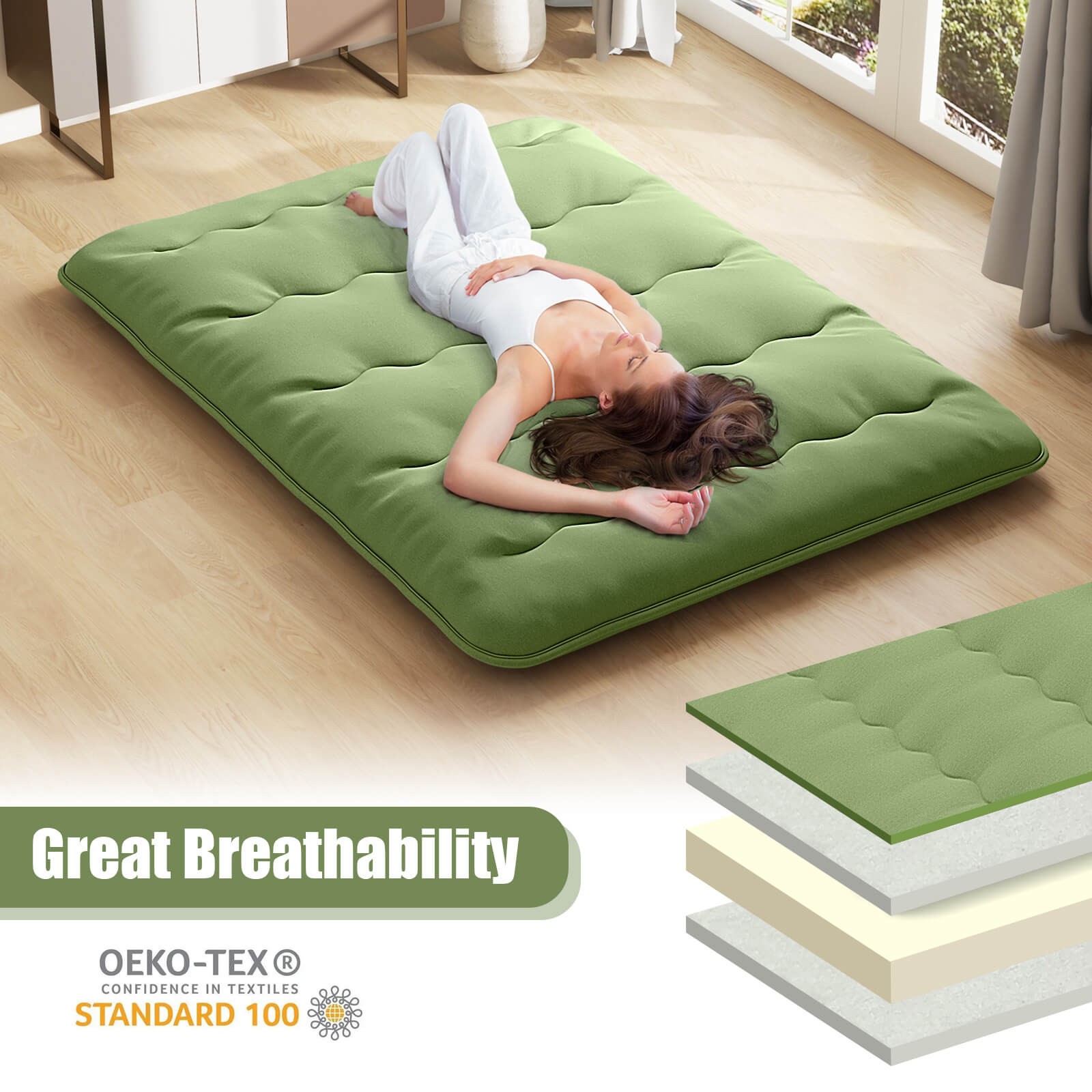 Queen Futon Mattress Washable Cover Carry Bag Green Japanese Floor Pad