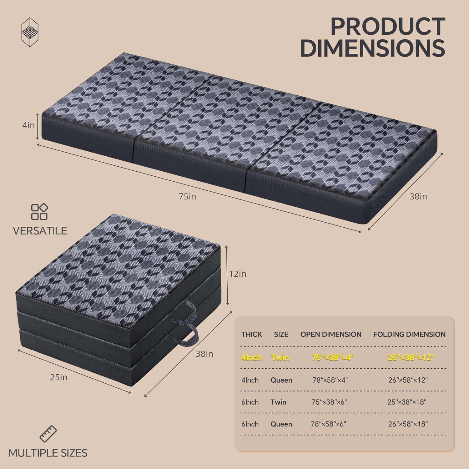 Portable Tri-Fold Twin Mattress, 4″ Memory Foam, Washable Cover, Dark Grey