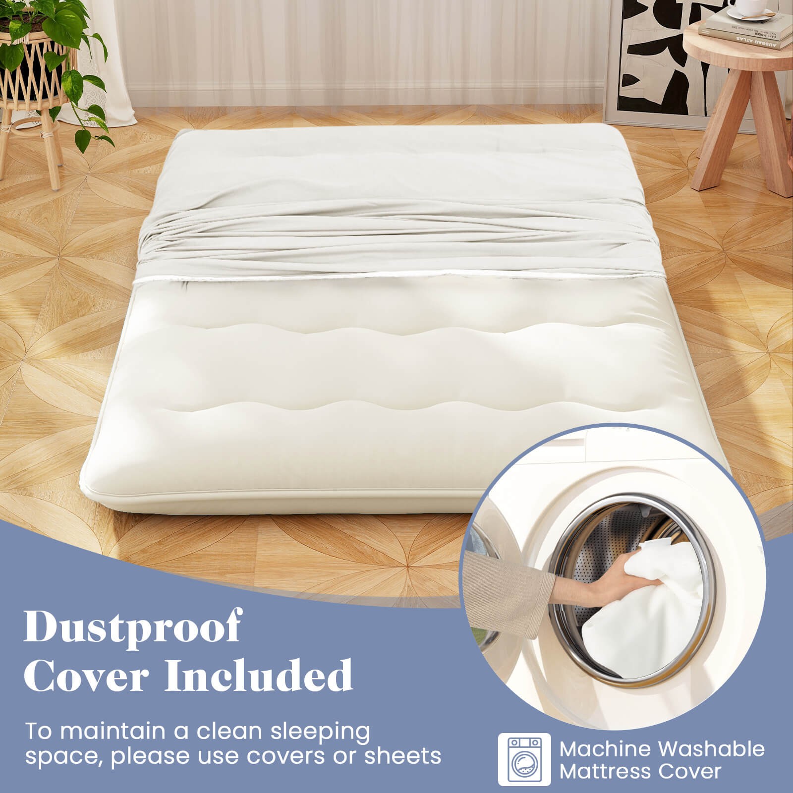 Full Futon Mattress Japanese Floor Sleeping Pad Washable Cover Carry Bag Beige