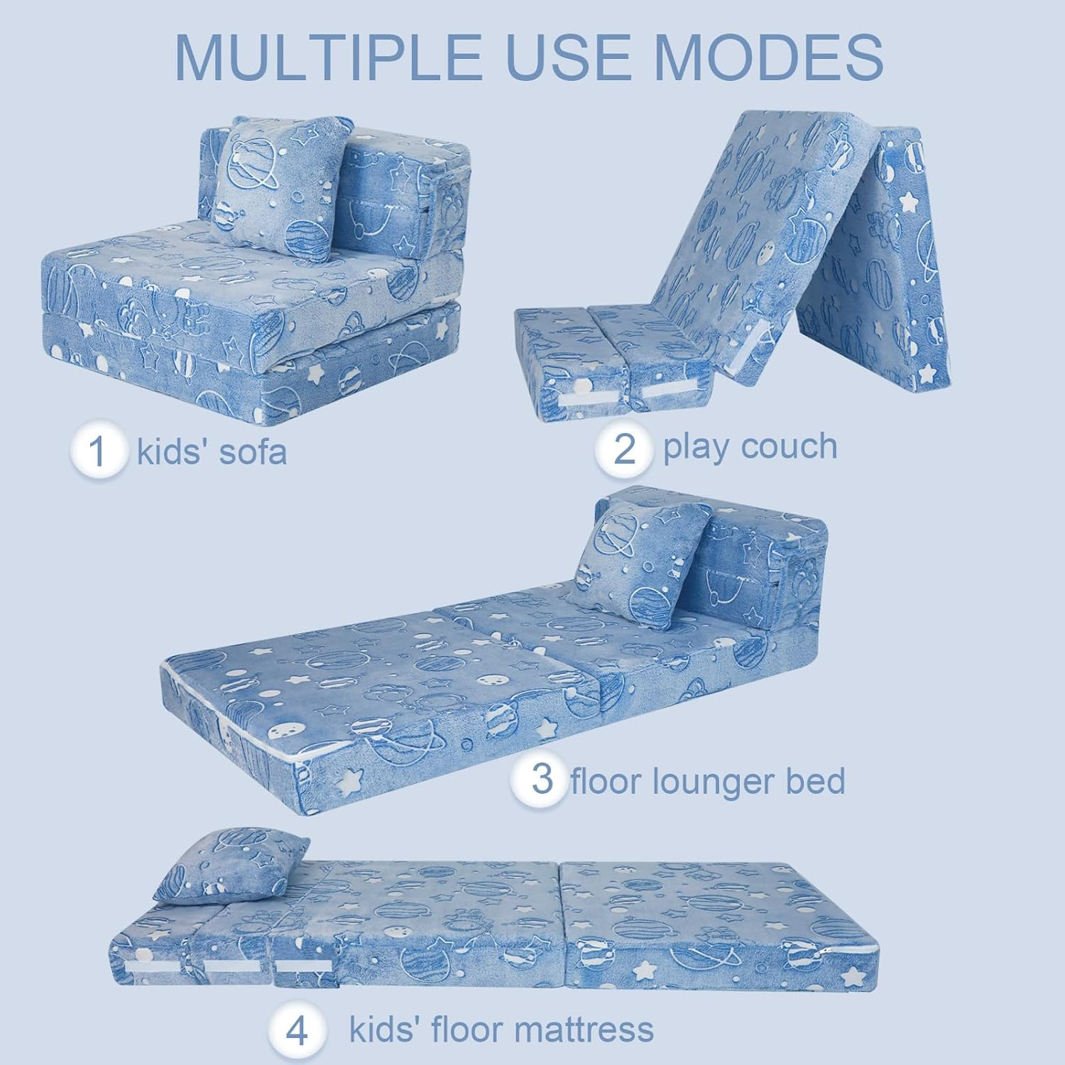Glow Space-Themed Tri-Fold Sofa Bed for Kids, Foldable Futon Chair and Floor Cou