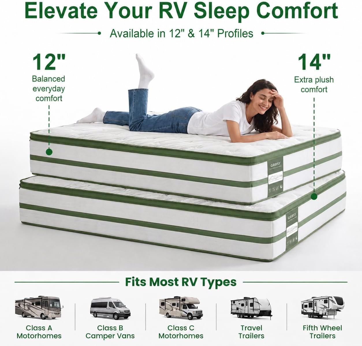 14 Inch RV Mattress Short Queen, Hybrid Memory Foam, Cooling Bamboo