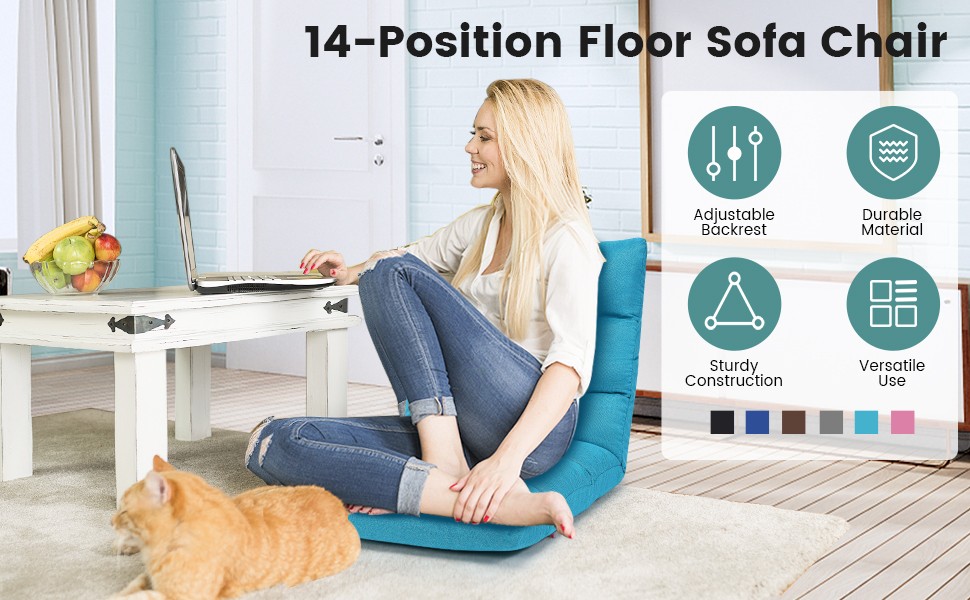 Floor Chair, Folding Ging Chair with Ba Support, 14 Adjustable