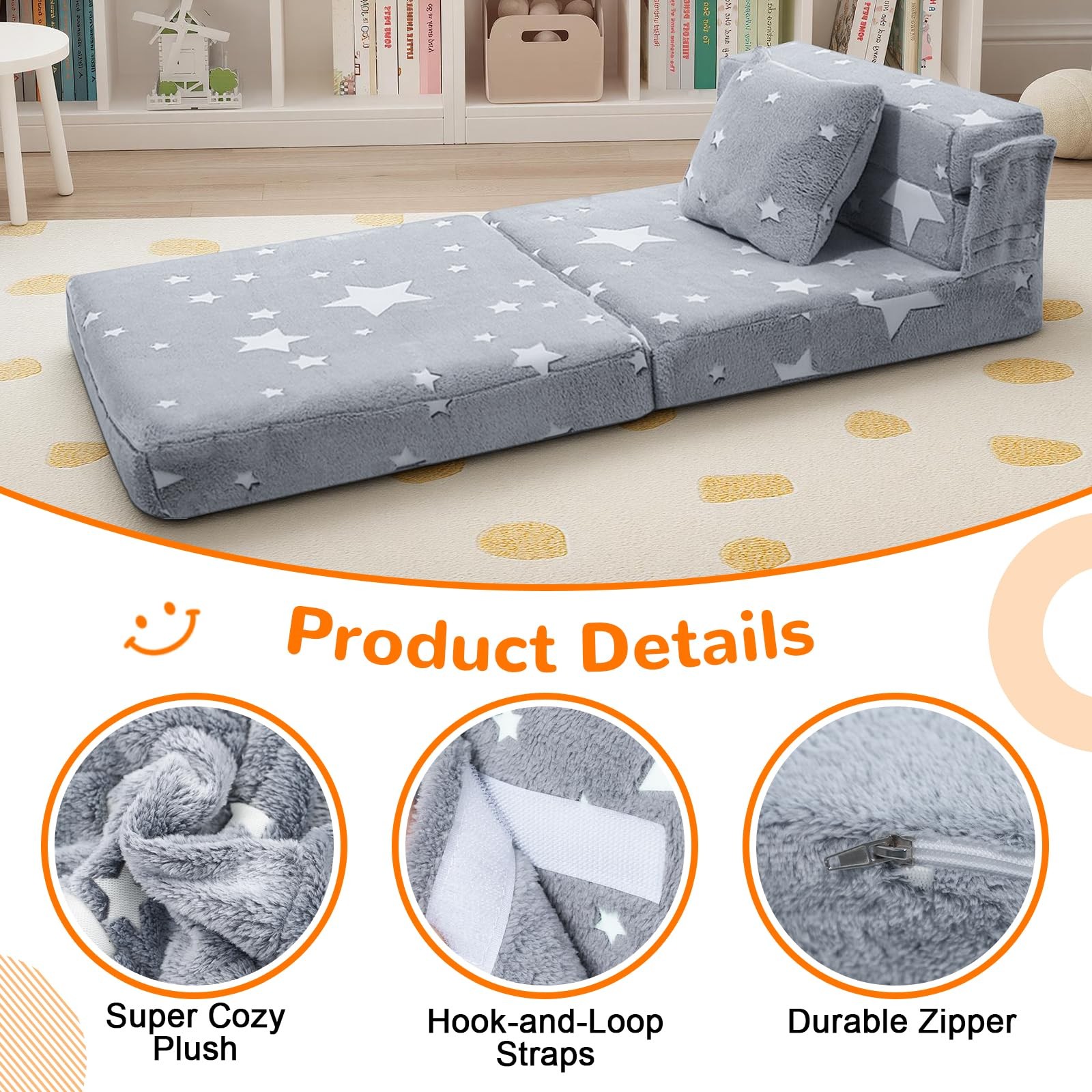 Kids Tri-Fold Sofa Bed – Glow Star Floor Mattress & Foldable Futon Chair Conv…