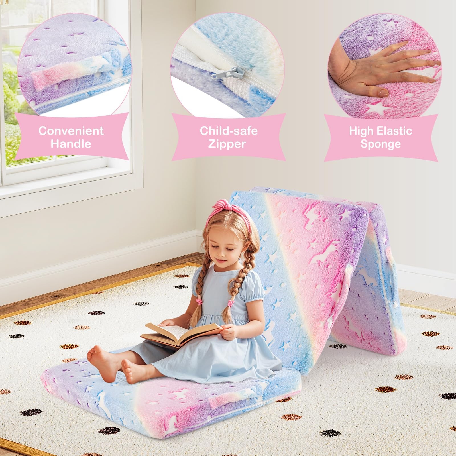 Foldable Floor Mattress for , Glow in Dark Tri-Folding Nap Mat for Sleeping D…