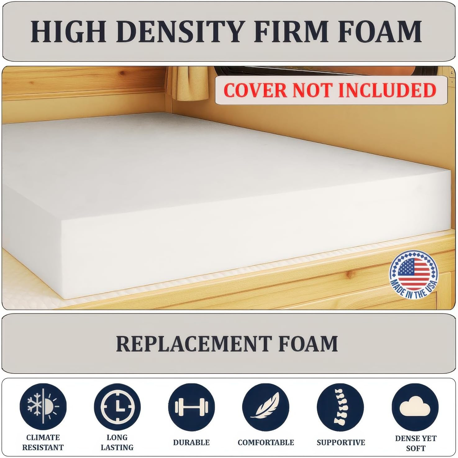 High Density RV Bunk Mattress 3″ X 28″ X 72″ – Firm & Durable, USA Made