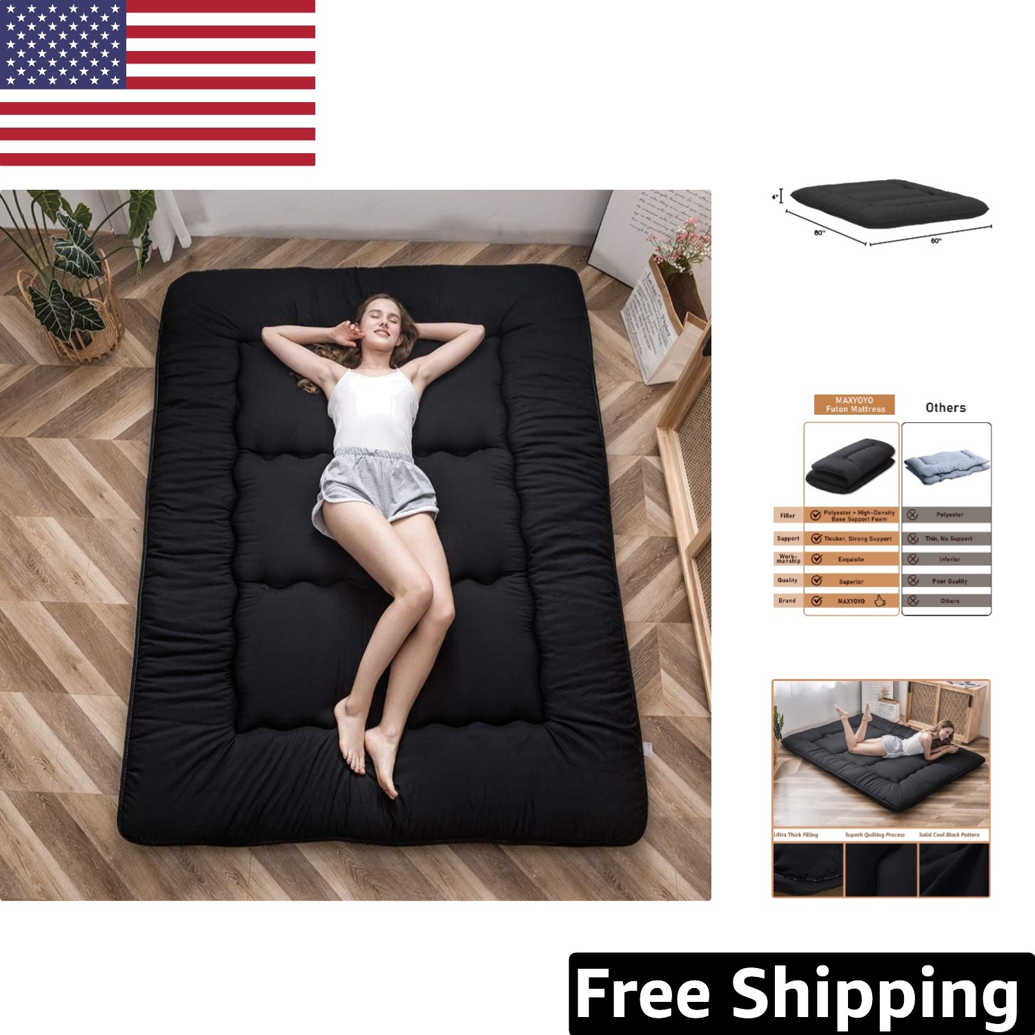 Durable 4-Inch Tatami Mattress – Lightweight Black Futon for Kids & Adults