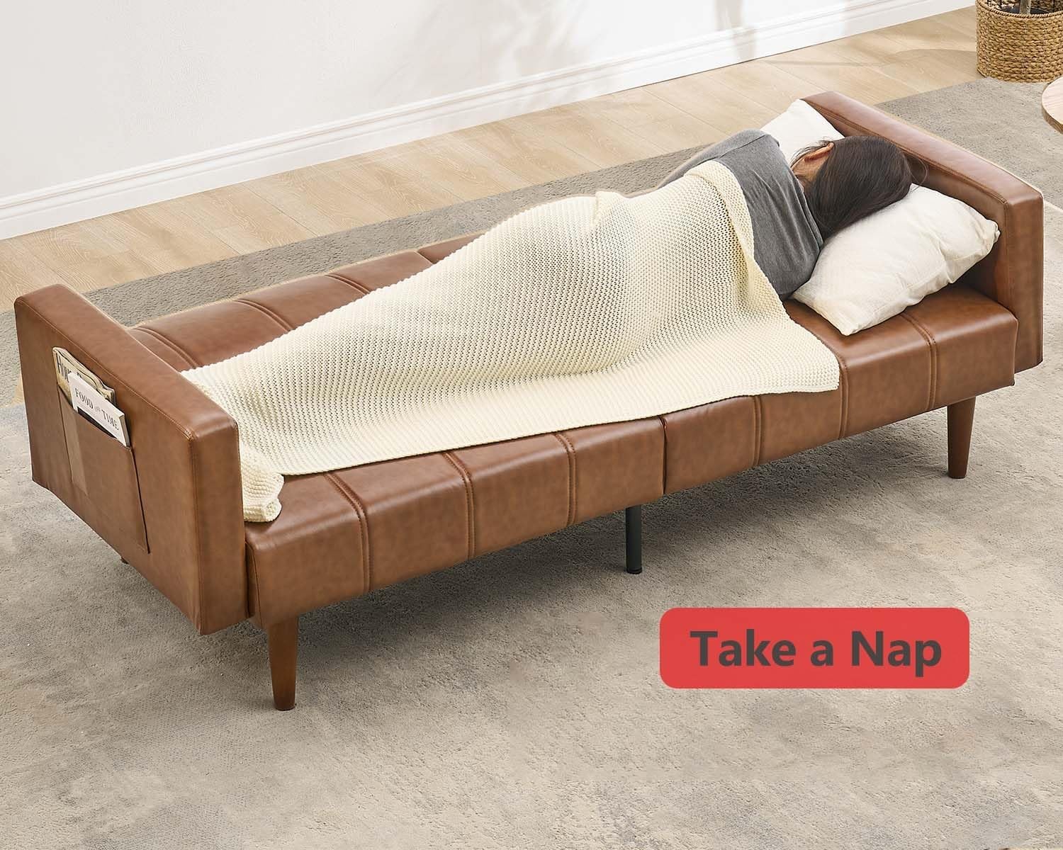 75″ Futon Sofa Bed, Mid- Modern Futon Couch, Convertible Sleeper