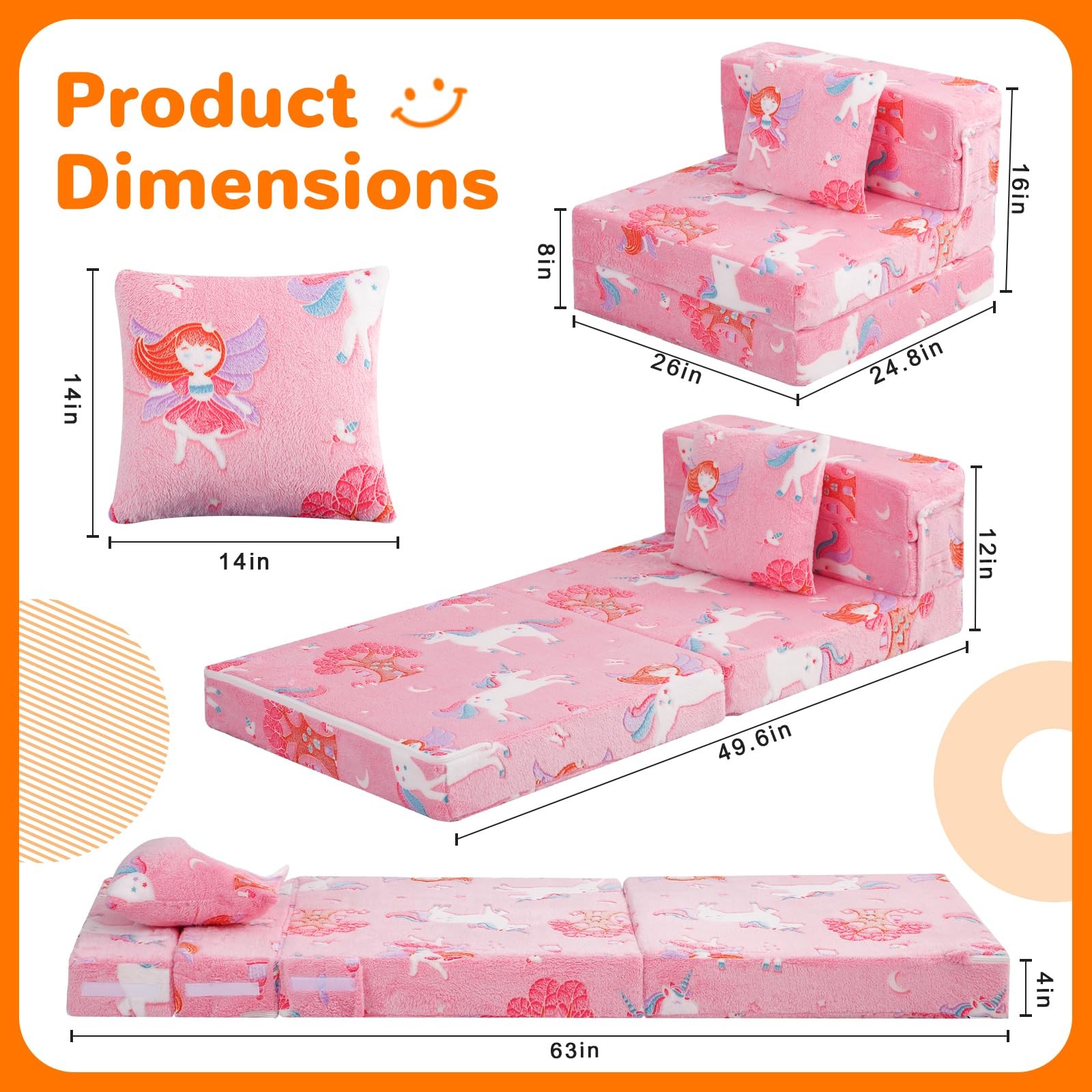 Foldable Futon Chair Bed for Kids, Glow Tri-fold Sofa Bed Convertible Toddler…