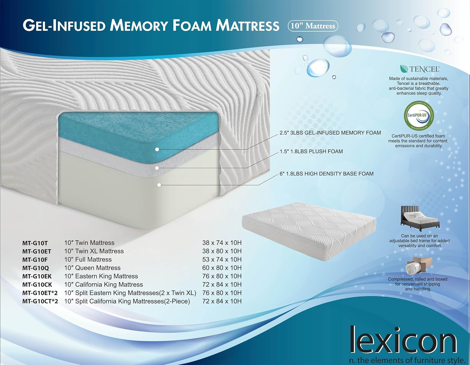 Nocturne 10″ Gel Memory Foam Mattress – California King, White