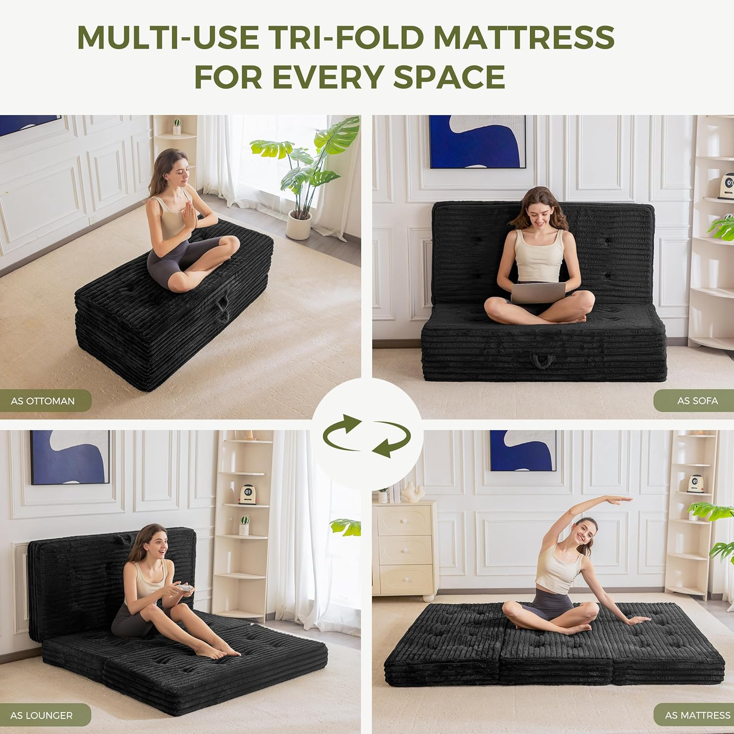 Compact 6-Inch Tri-Fold Folding Mattress with Handles – Twin Black Sofa Bed