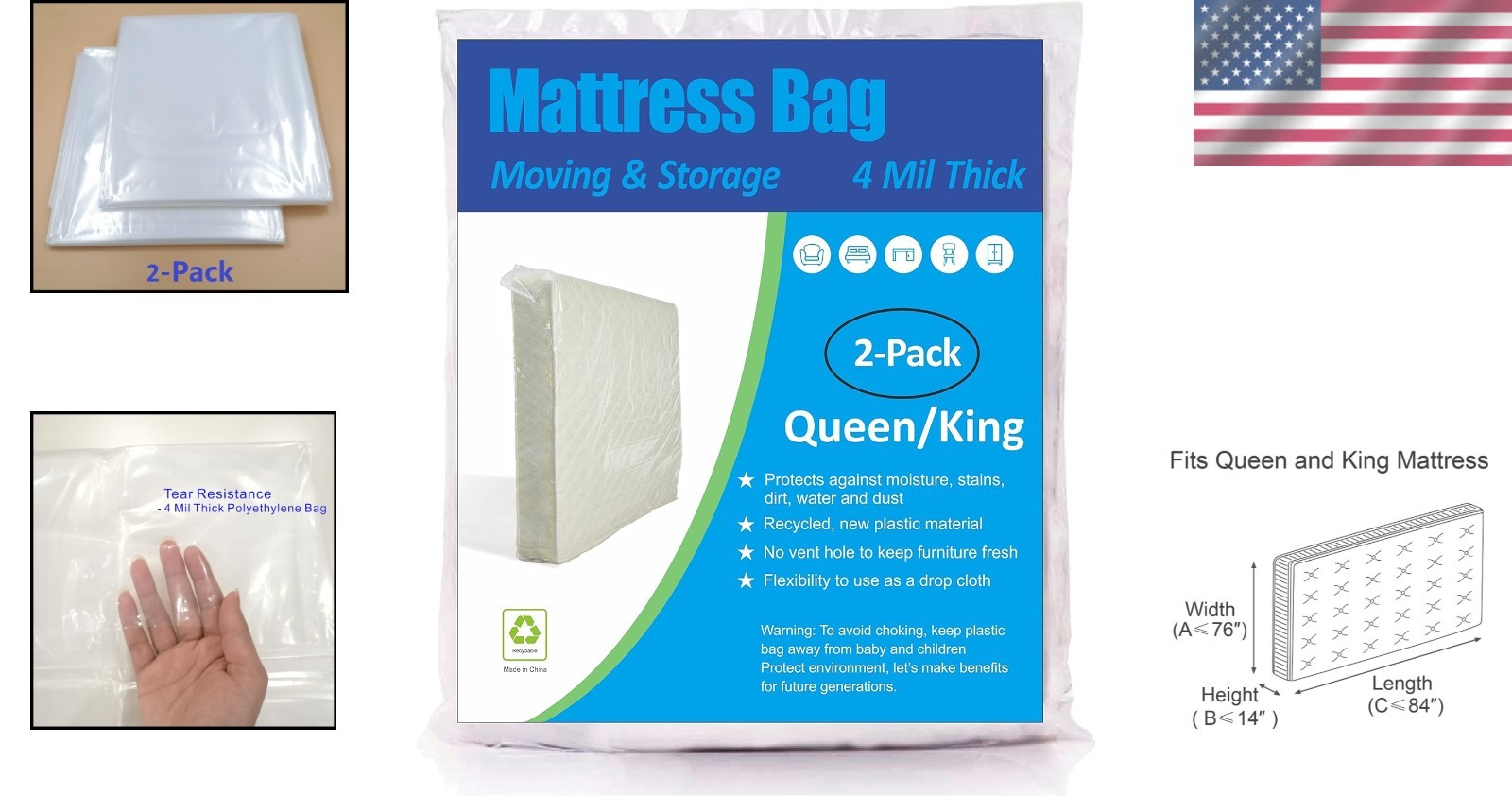 4 Mil Extra Thick Mattress Bag for Moving & Storage – Queen/King Size, 2 Pack