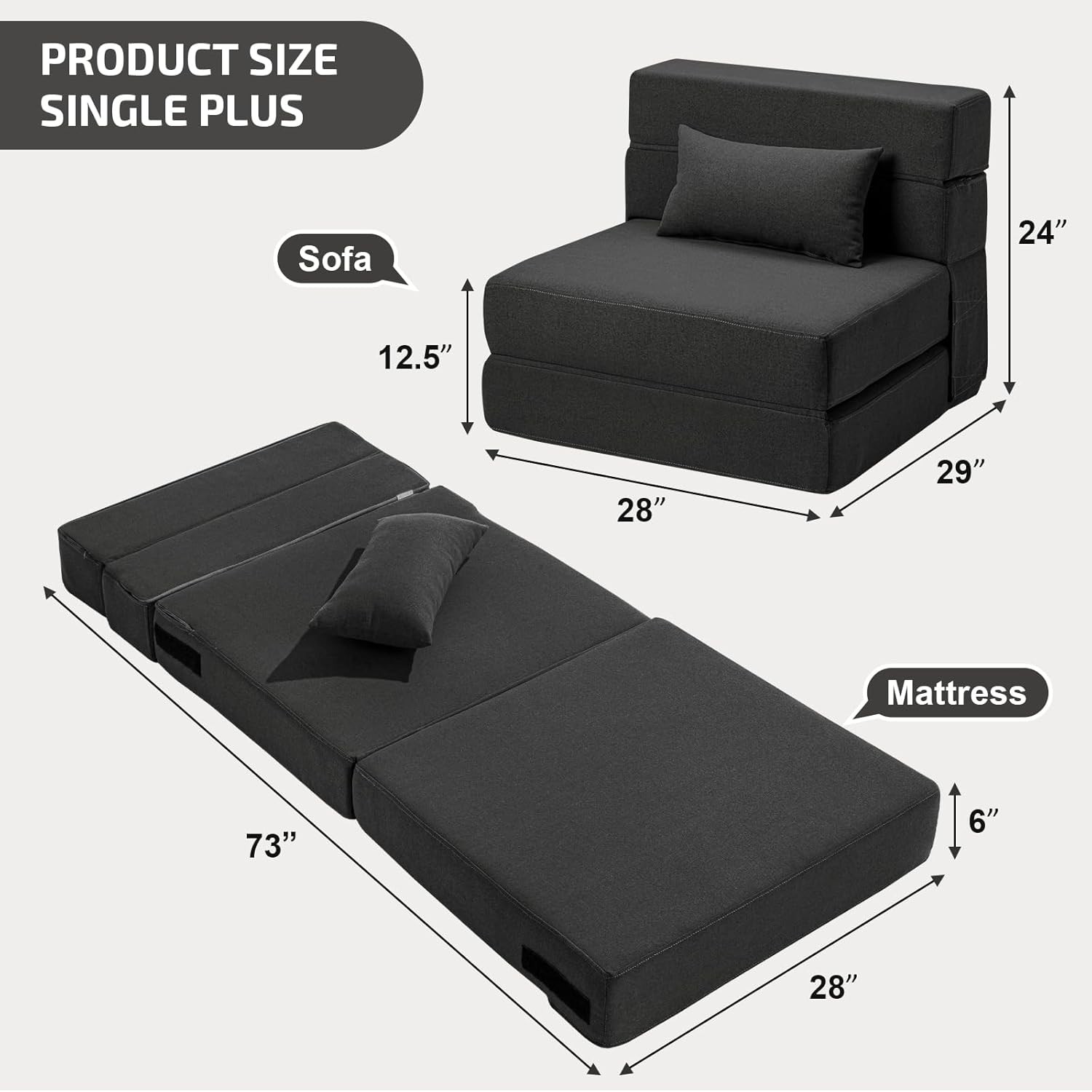 Folding Sofa Bed with Pillow- Convertible Chair Single(28 width), Dark Gray