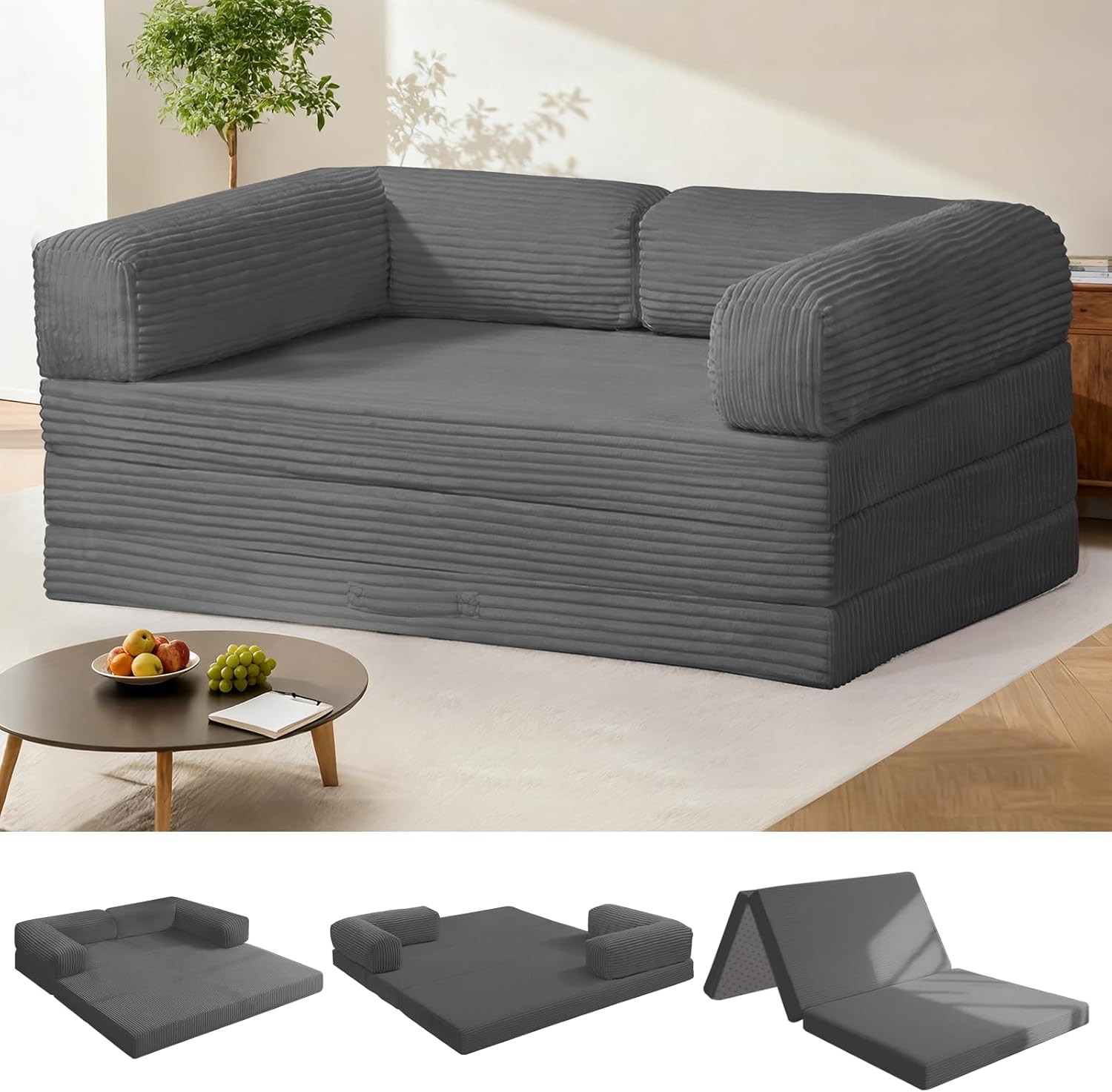 Tri-Fold Foldable Mattress Convertible Folding Sofa Bed W/ Removable Arms &