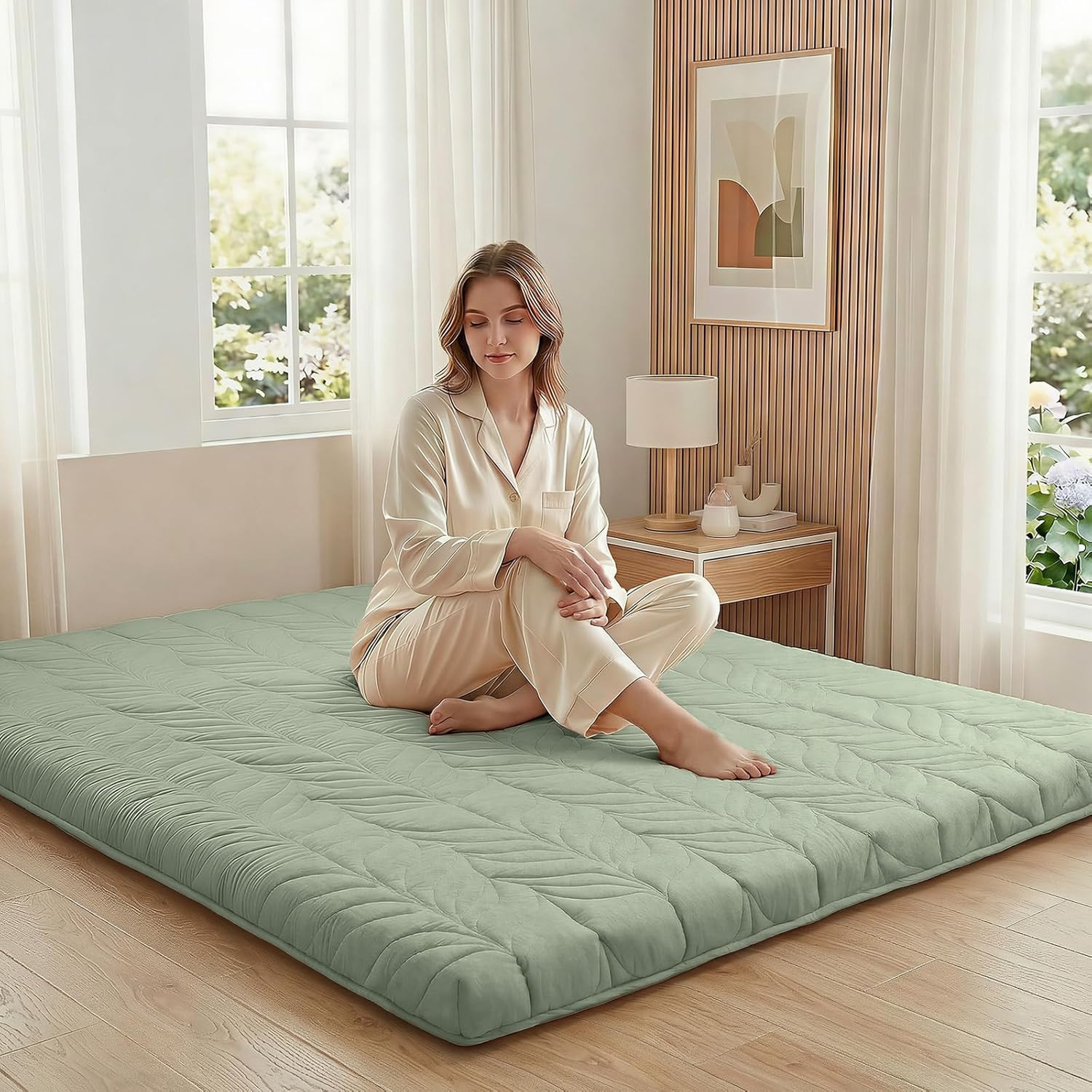 King Size Japanese Floor Mattress Futon Foldable Foam Tatami Sleeping Pad Green