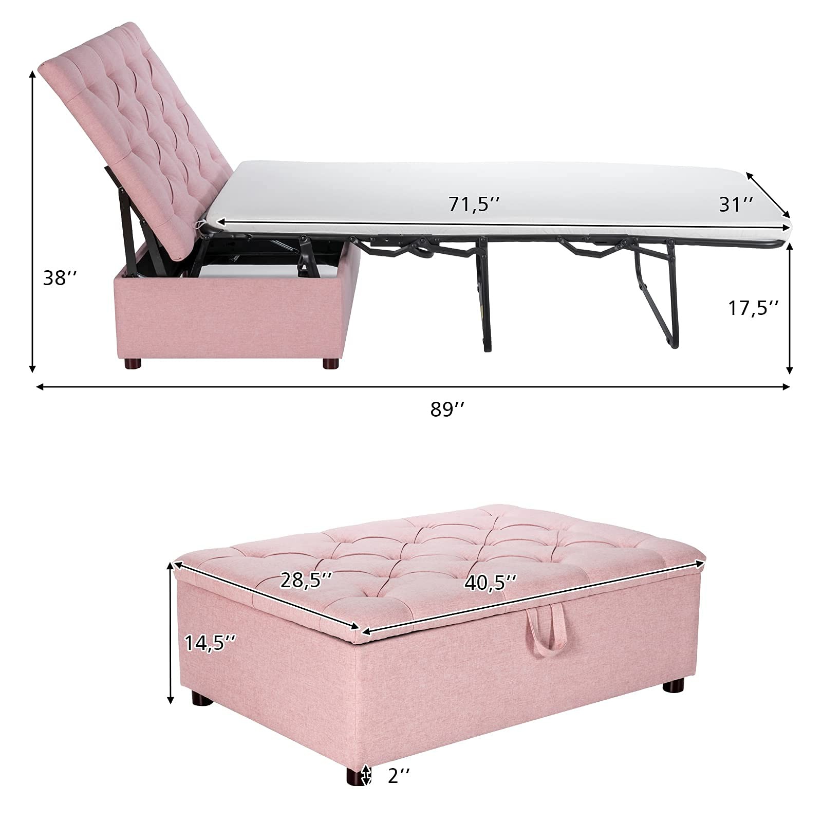 Ottoman Folding Bed, Fold Out Sleeper Bed with Mattress, Convertible Chair in…