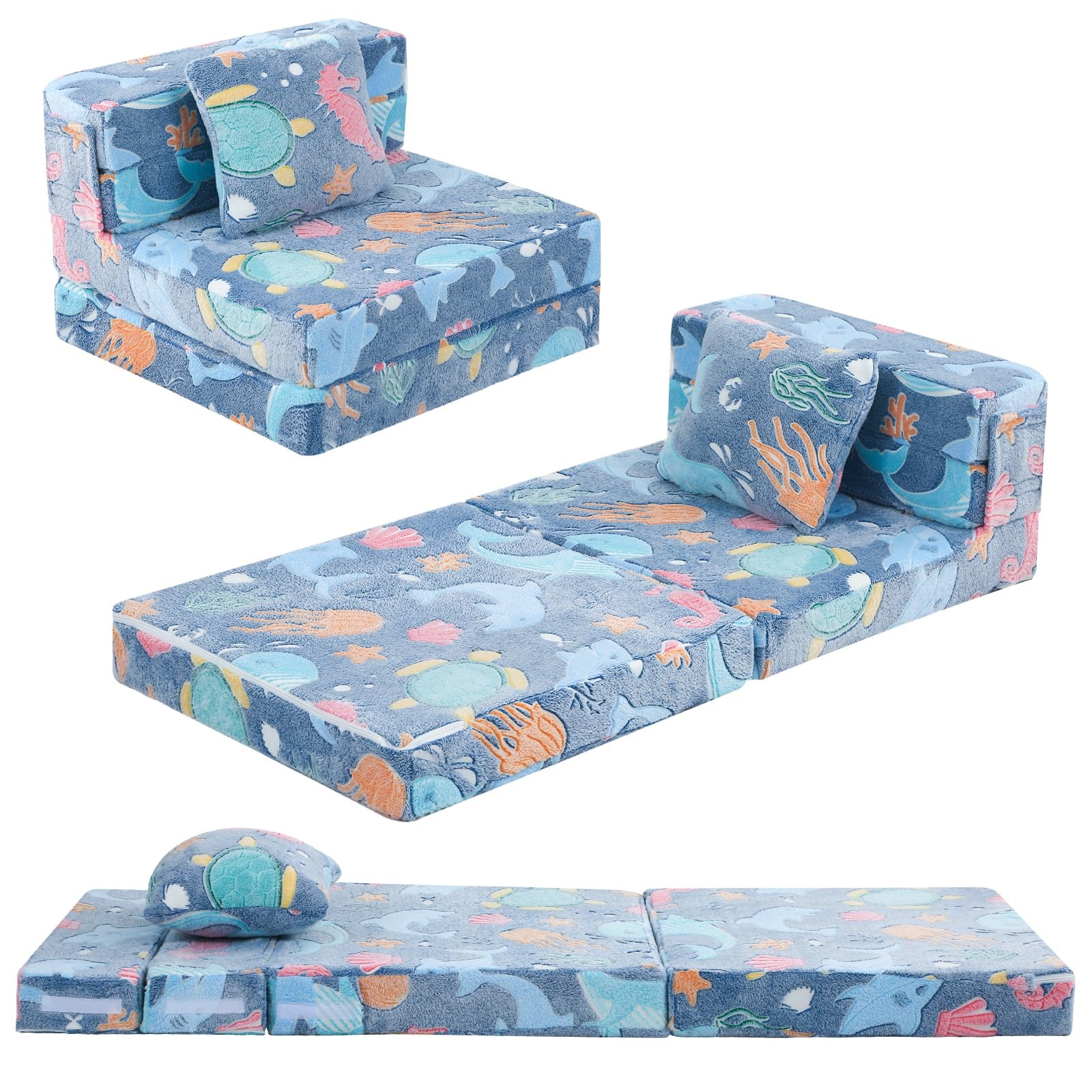 Foldable Futon Chair Bed for Kids, Glow Tri-fold Sofa Bed Convertible Toddler…