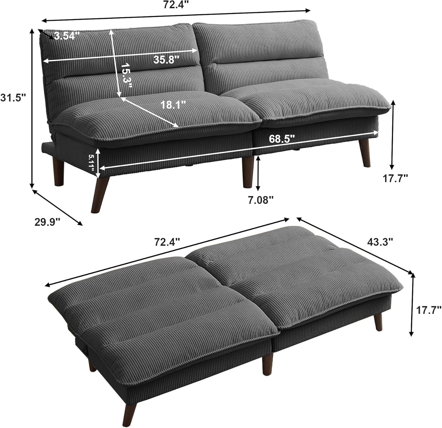 Convertible Futon Sofa Bed, 72″ Loveseat Couch with 3-Level Adjustble