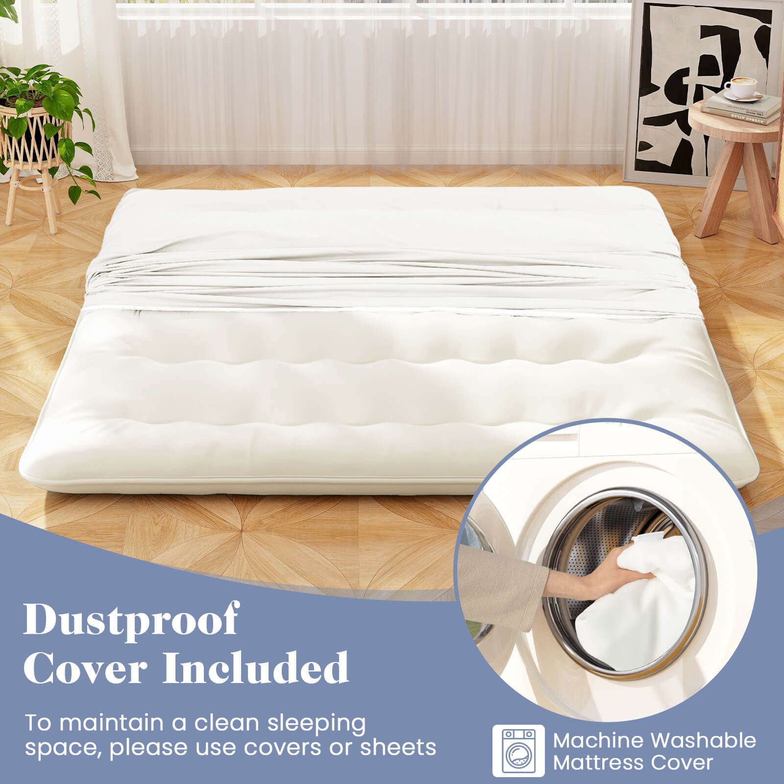 King Futon Mattress Japanese Floor Sleeping Pad Washable Cover Carry Bag Beige