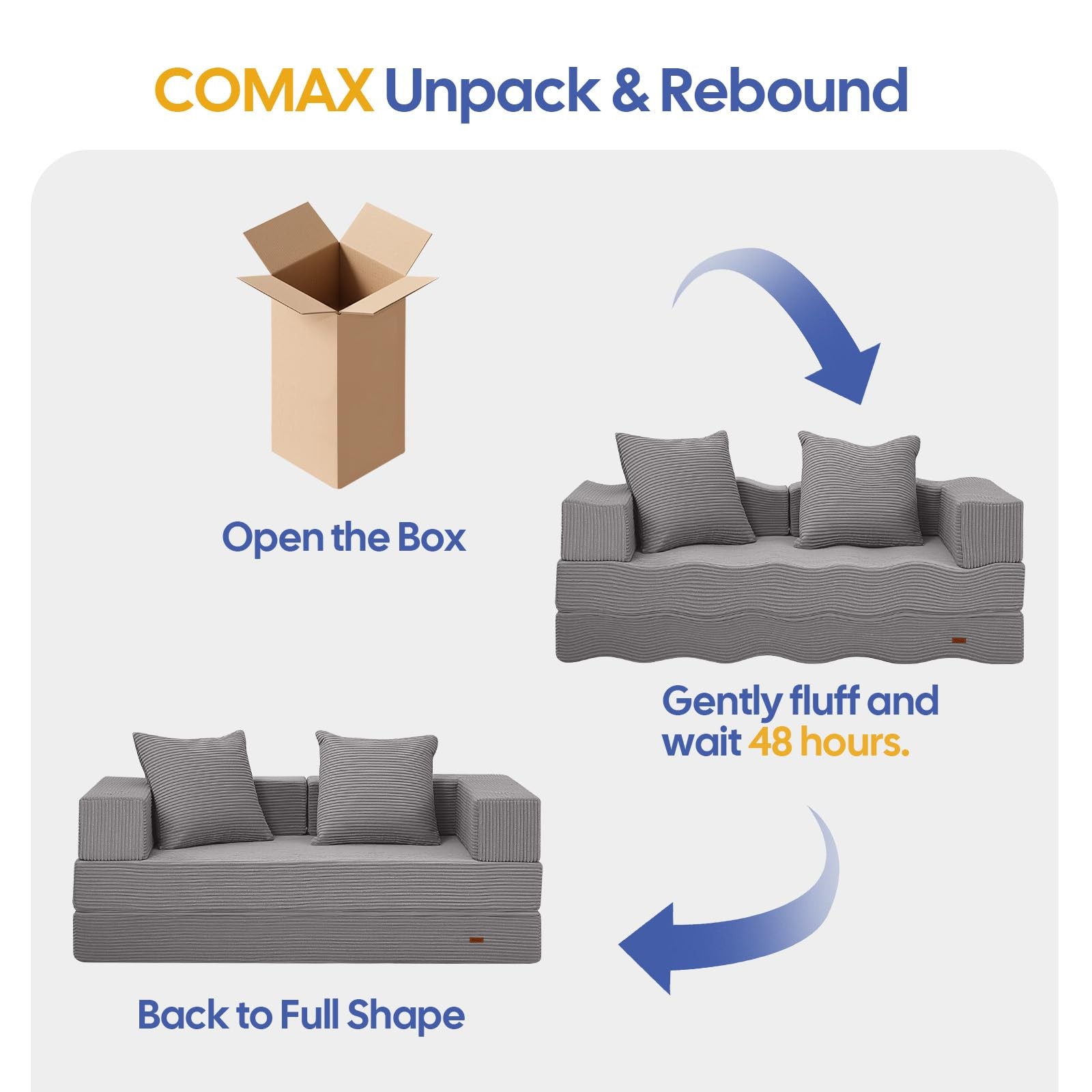 COMAX Futon Sofa Bed, 4‑in‑1 Convertible L-Shaped Loveseat, Light Grey