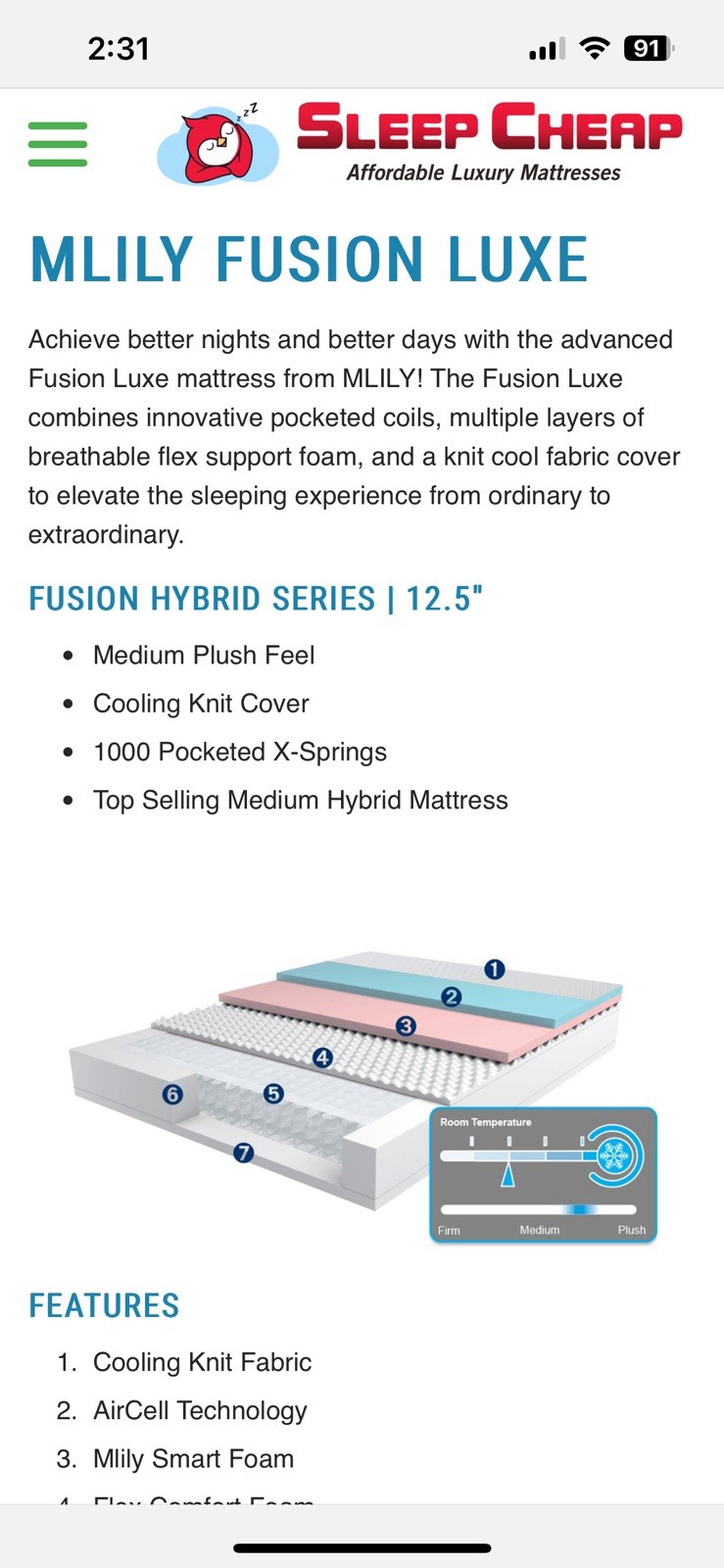 New California King – Mlily Fusion Lux – hybrid mattress