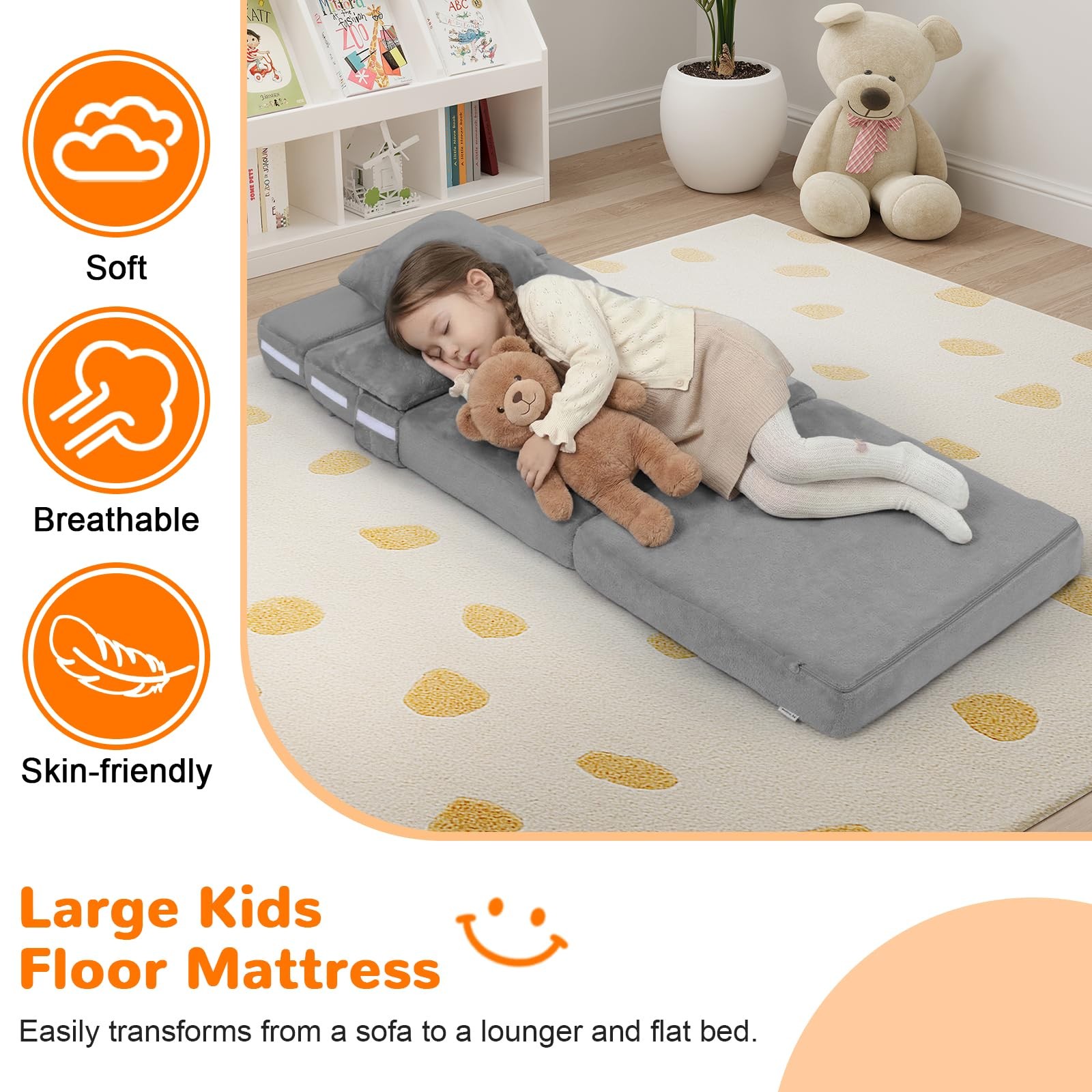 Foldable Futon Chair Bed for Kids, Grey Tri-fold Convertible Toddler Sofa Mat…