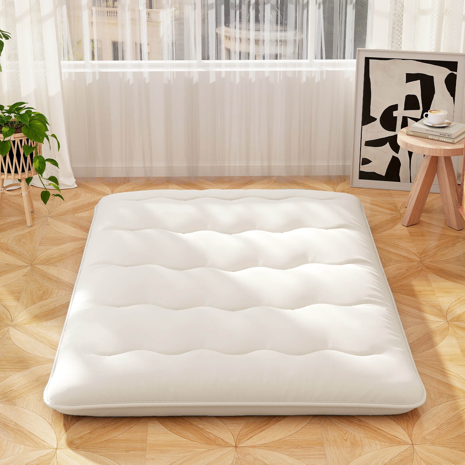 Full Futon Mattress Japanese Floor Sleeping Pad Washable Cover Carry Bag Beige