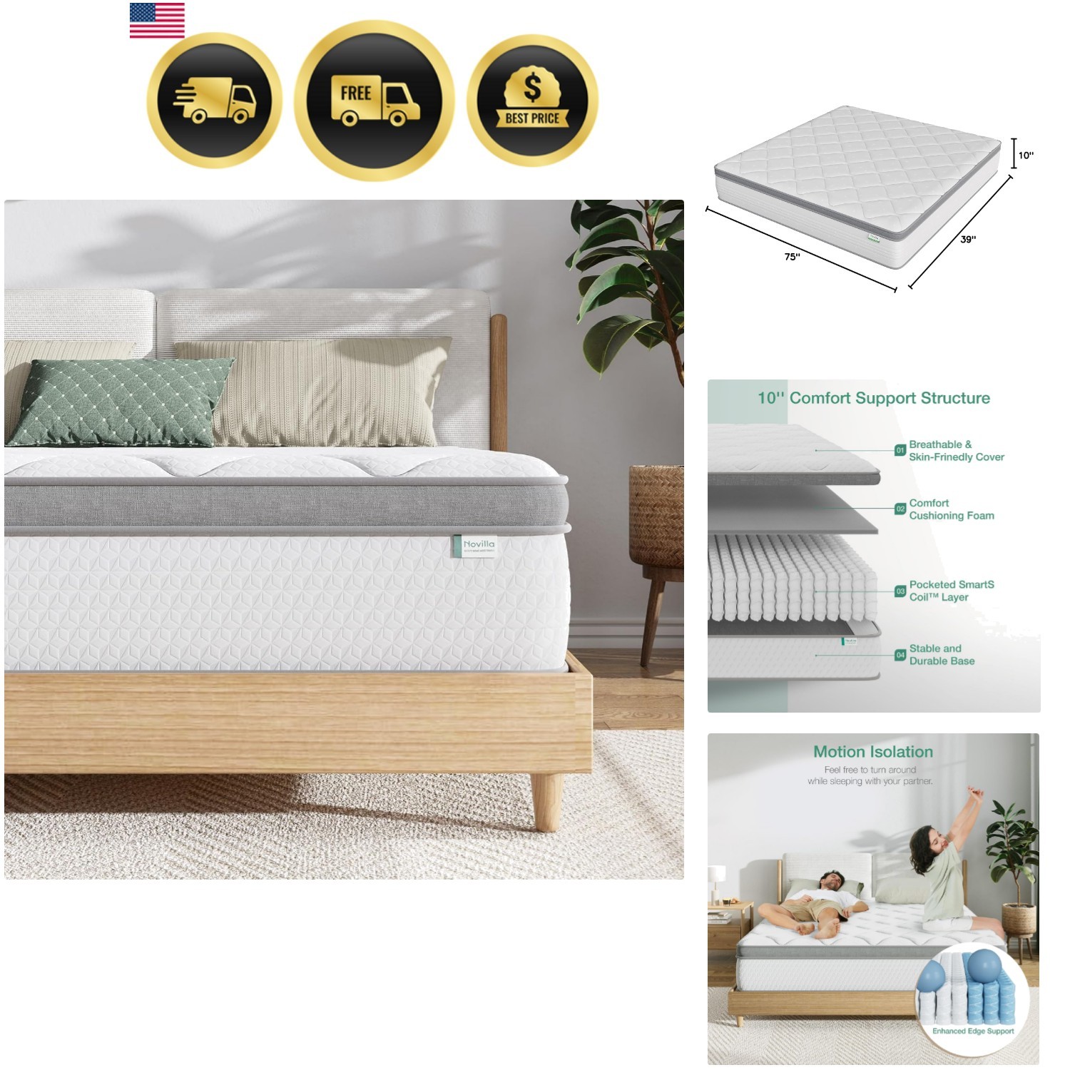 Twin Mattress, 10 Inch Twin Hybrid Mattress for Kids, Pocket Innerspring Pill…