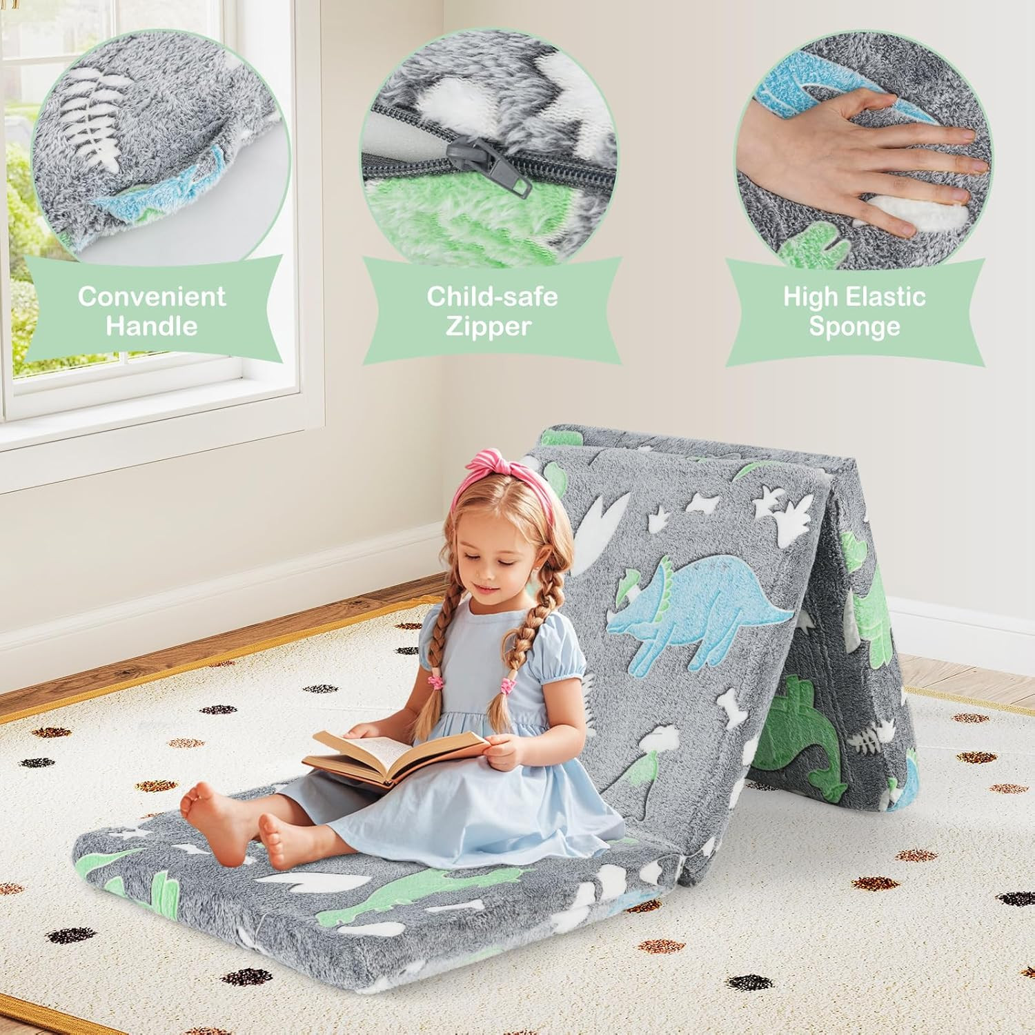 Glow in Dark Foldable Kids Floor Mattress with Washable Cover & Storage Bag