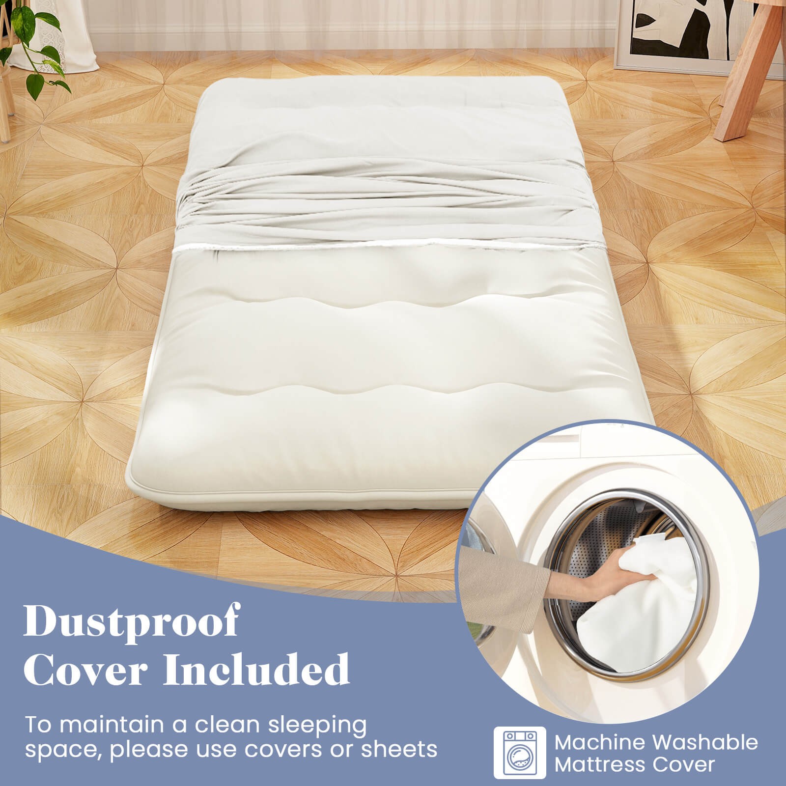 Twin Futon Mattress Japanese Floor Sleeping Pad Washable Cover Carry Bag Beige