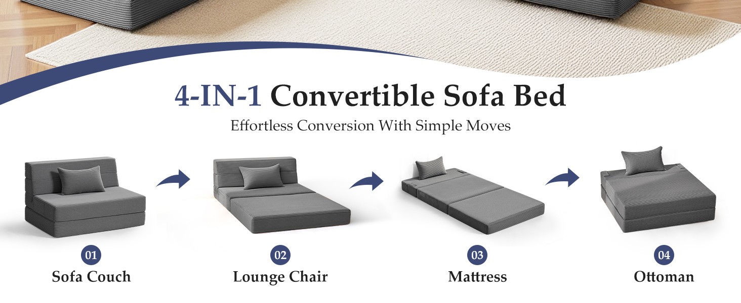 Folding Sofa Bed Convertible Sleeper Chair with Pillow, 4-in-1