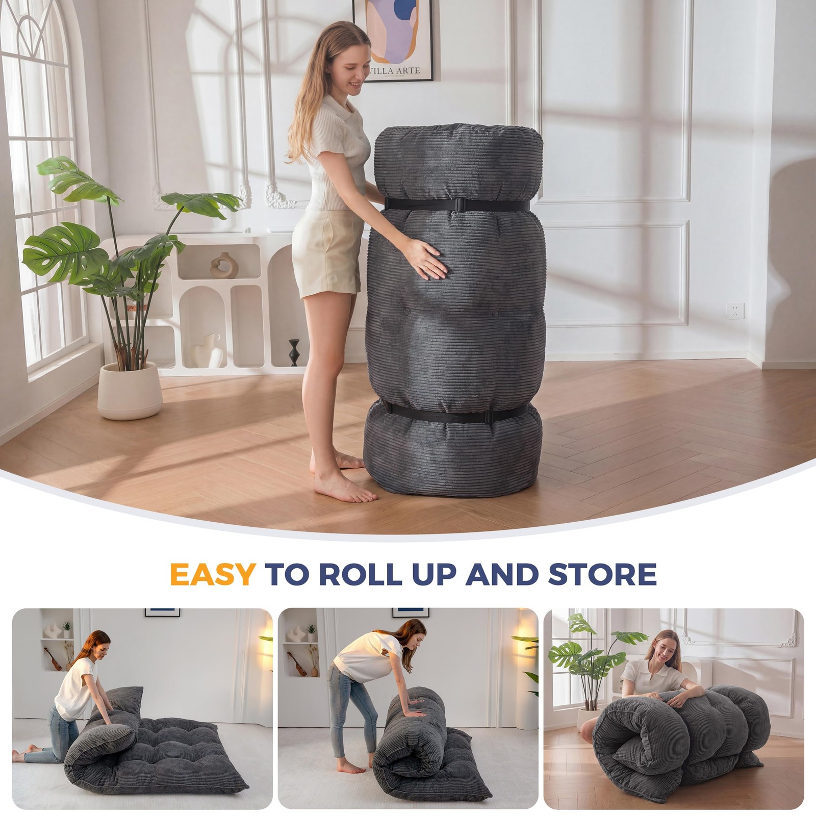 6″ Japanese Floor Mattress, Foldable Futon Mattress Queen Size, Tufted Roll U…