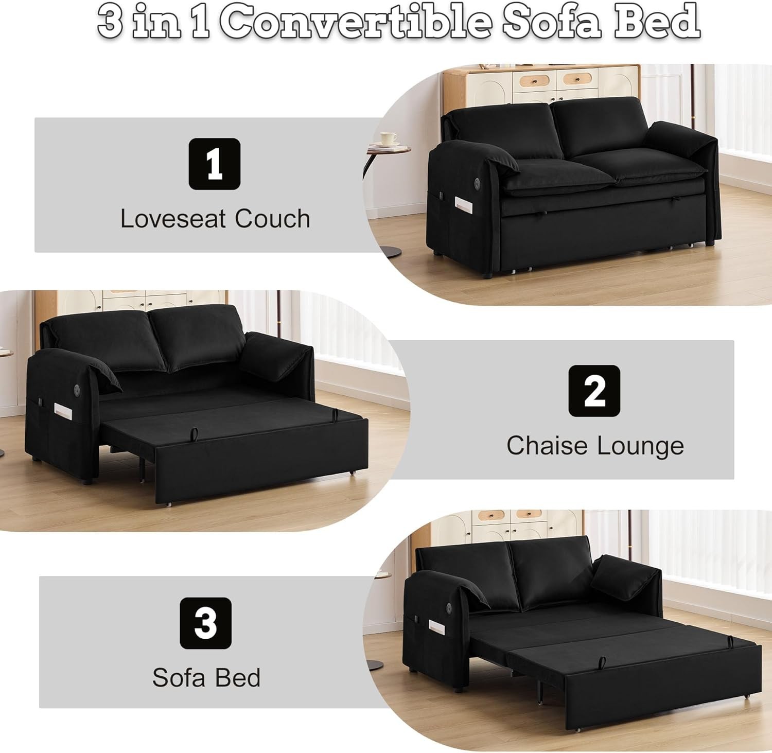 63″ Pull Out Sofa Bed, 3-in-1 Convertible Futon Loveseat Queen Sleeper