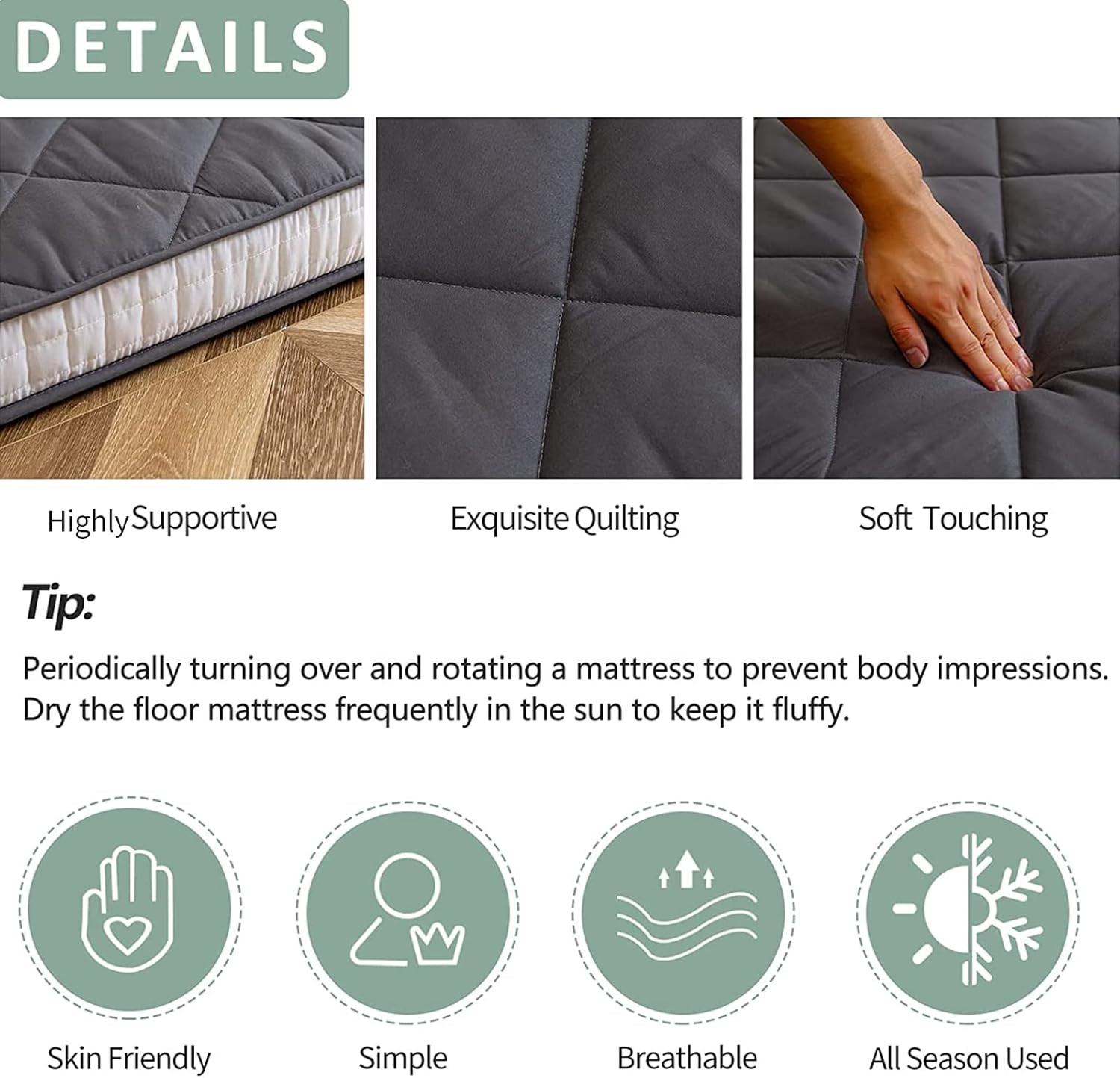 King Size Japanese Floor Futon Mattress – Dark Grey Diamond Pattern, Roll Up Des