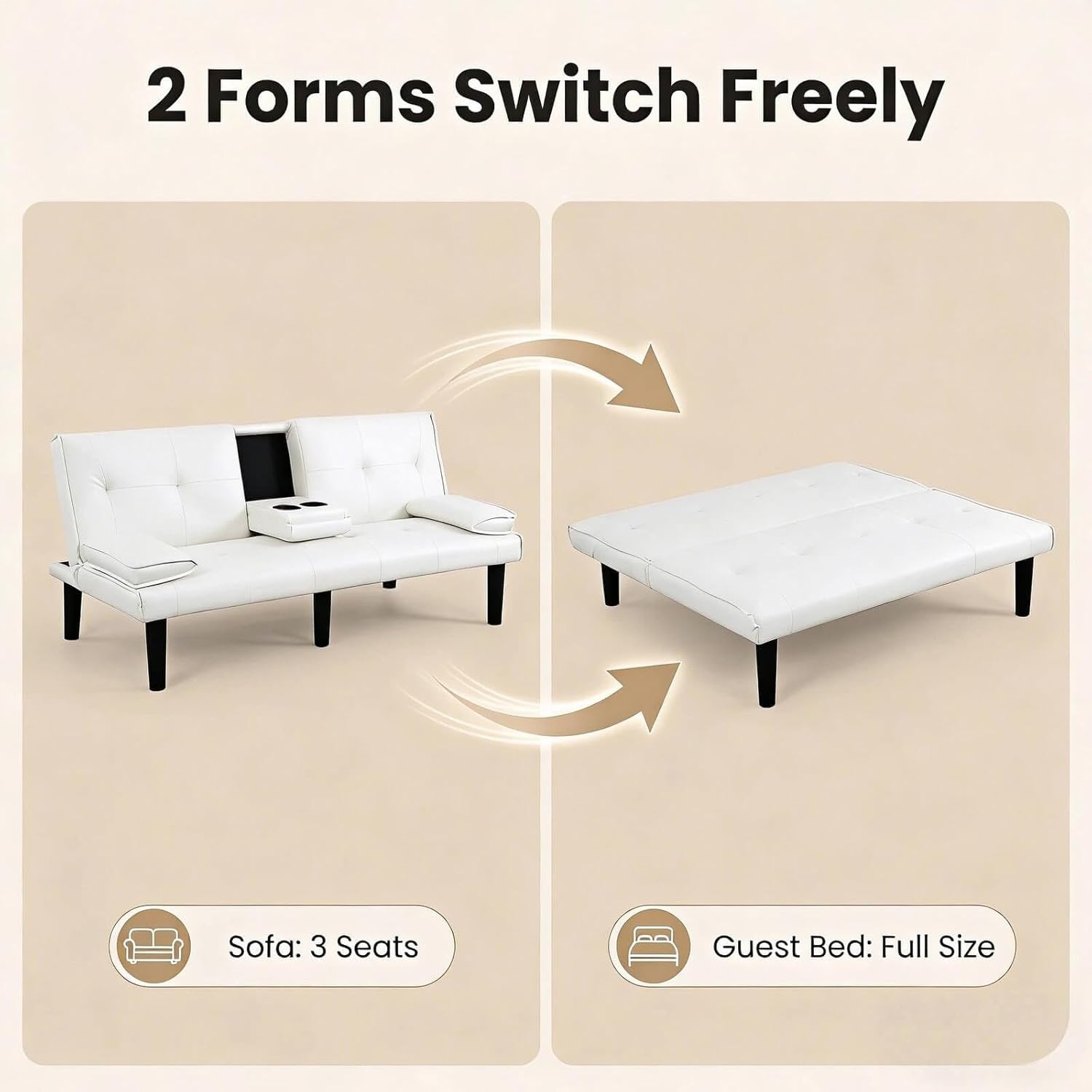 67″ Futon Sofa Bed with Cup Holders, Convertible 3 in 1