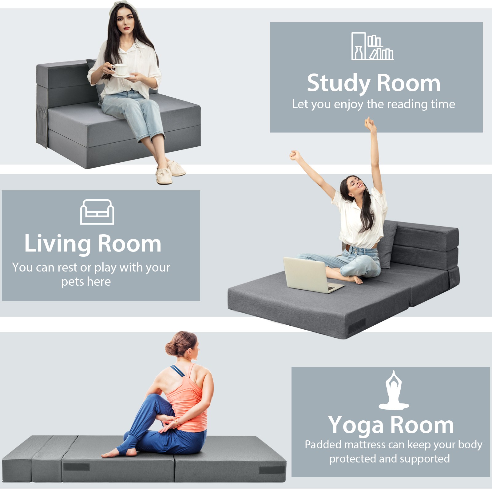 Folding Mattress w/ Pillow 6 Inch Tri-fold Sofa Bed w/ High-Density Foam