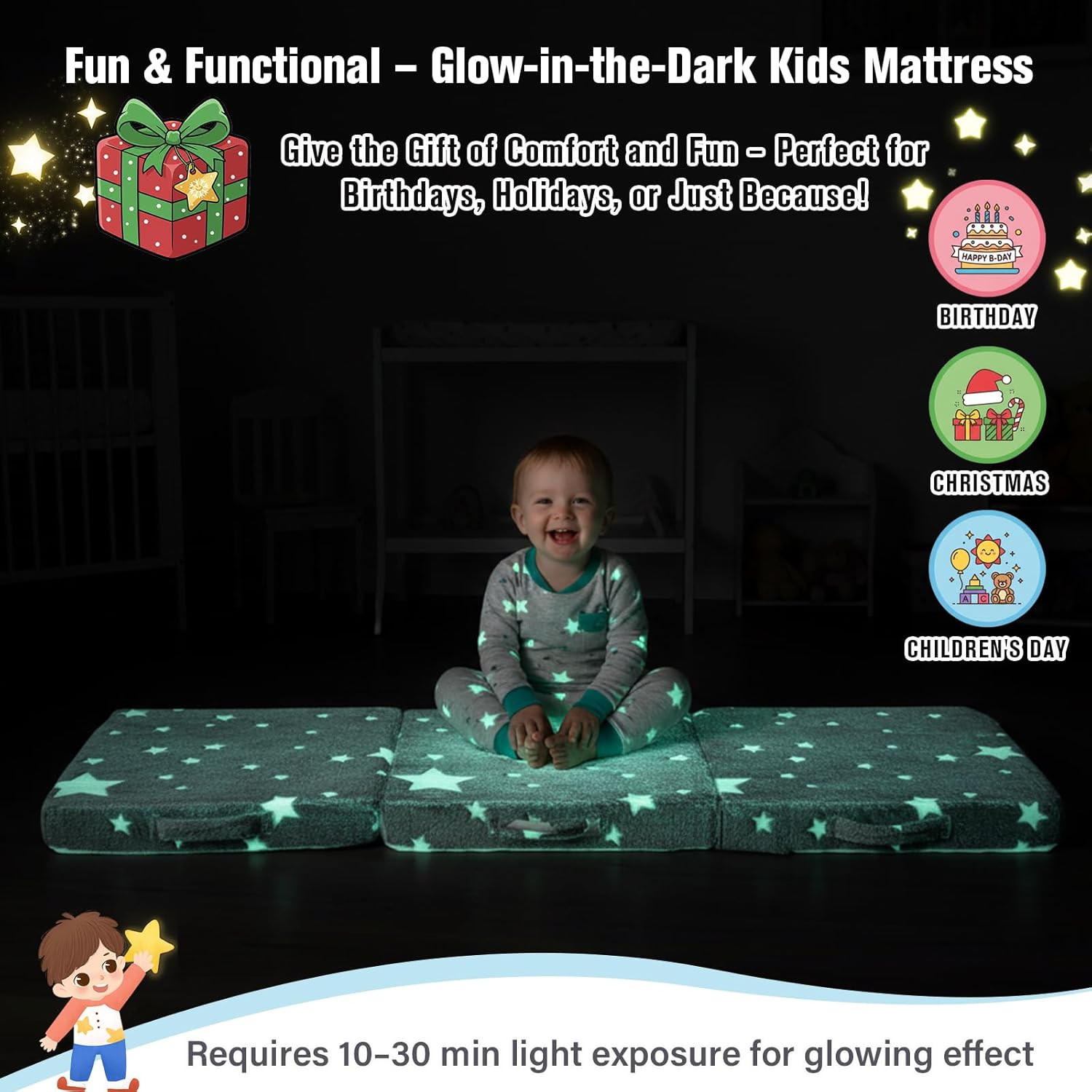Foldable Floor Mattress for Kids-Glow in the Dark Toddler Nap Mat with Storage B