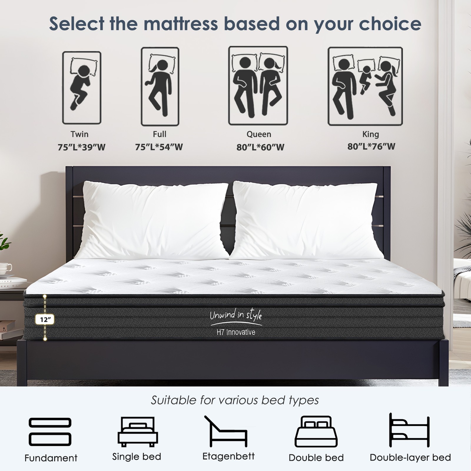 Queen Hybrid Mattress 12 Inch Pocketed Innerspring Medium Firm Pressure Relief