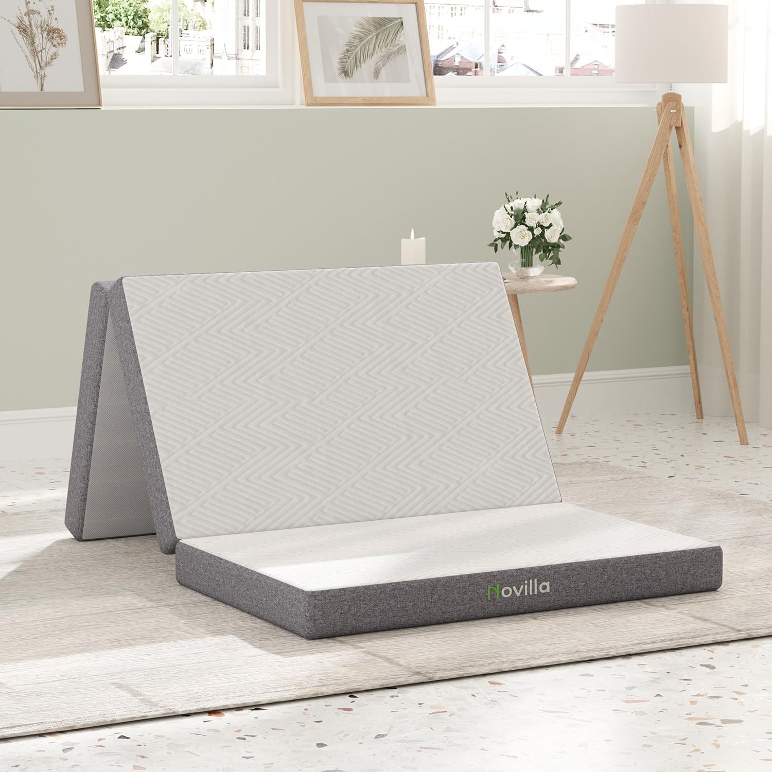 Foldable Mattress Full Size Comfort Foam Trifold Mattress W/ Cloud Design Cover