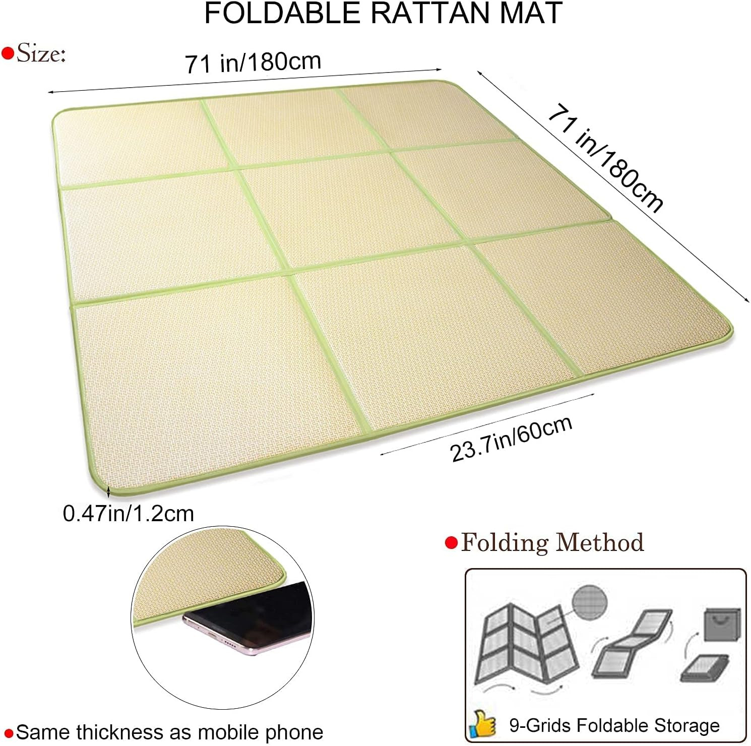 71” Green Igusa Tatami Mat – Non-Slip Breathable Memory Foam Mattress